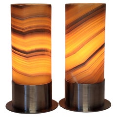 Set aus 2 Ambient-Onyx-Tischlampen mit Lederrücken aus Edelstahl