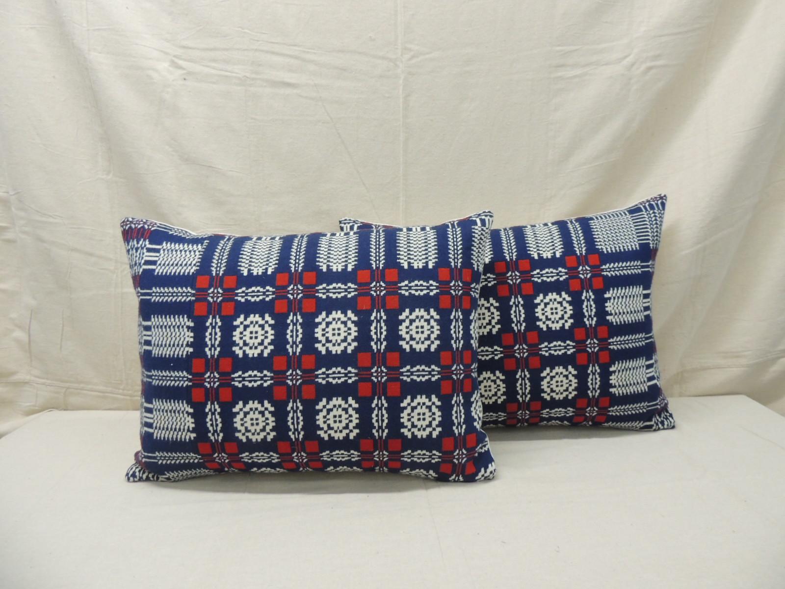 Set of (2) Americana red, white and blue large bolster decorative pillows.
Patchwork style seams and texture natural color linen backings.
Closure by stitch (no zipper closure) with custom-made feather/Down pillow inserts.
Size: 19