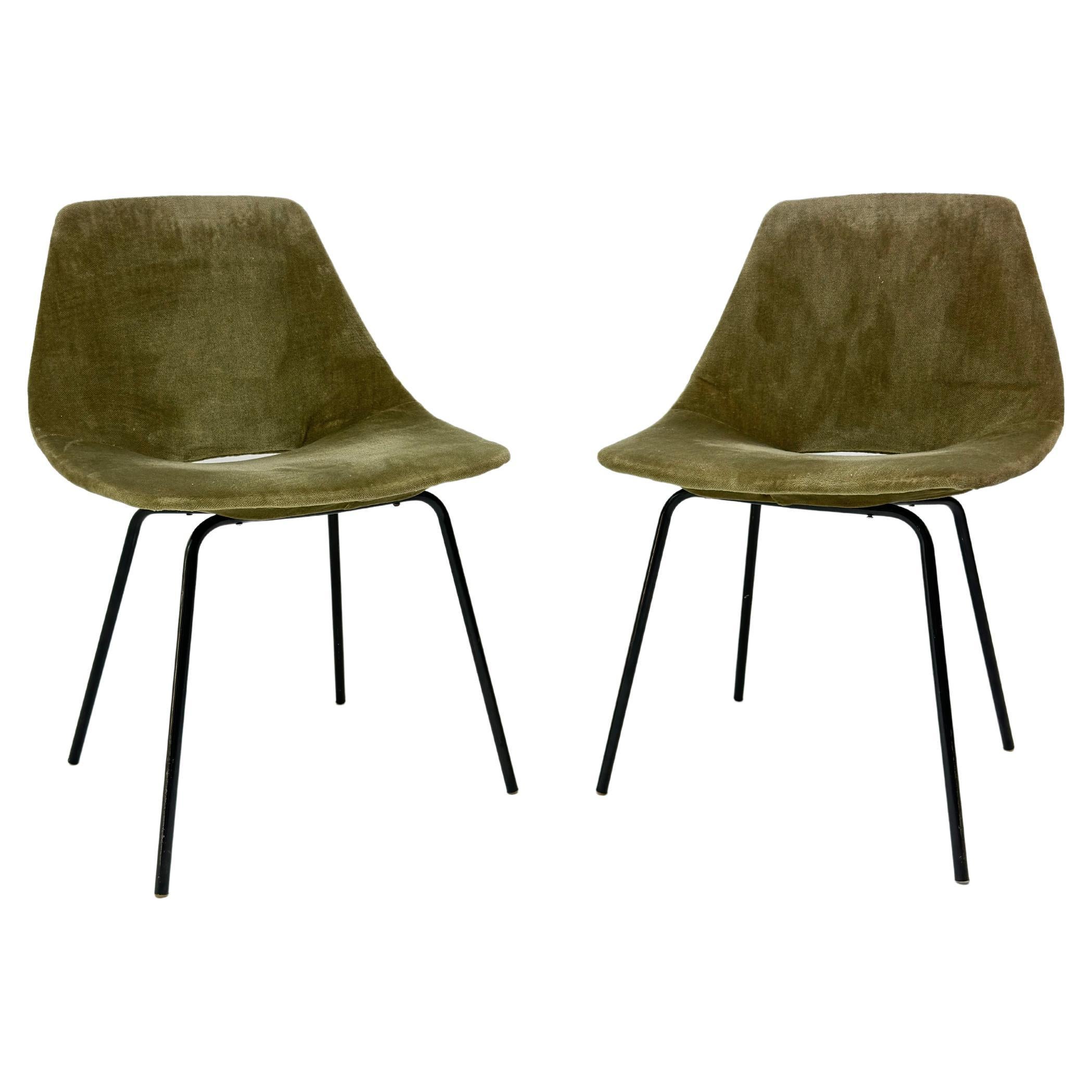 Set of 2 Amsterdam Chairs in Green Velour, by Pierre Guariche, France 1950's