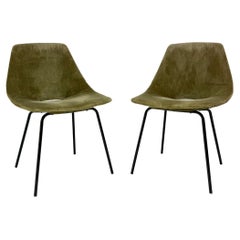 Vintage Set of 2 Amsterdam Chairs in Green Velour, by Pierre Guariche, France 1950's