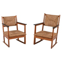 Antique Set of '2" Amsterdam School Armchairs in Oak, Coromandel & Rush, c. 1930's