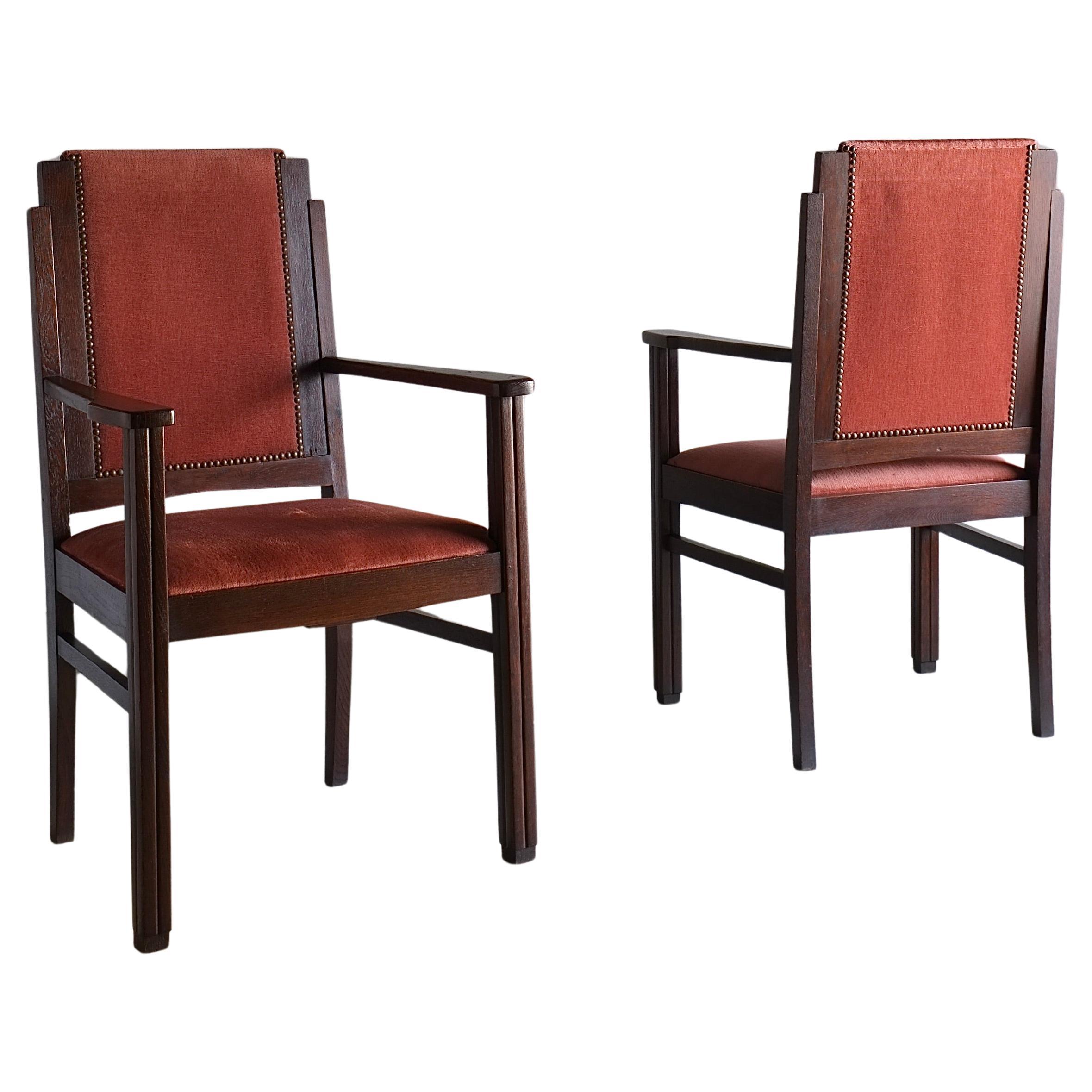 Set of 2 Amsterdam School Oak Armchairs, Netherlands, 1920s