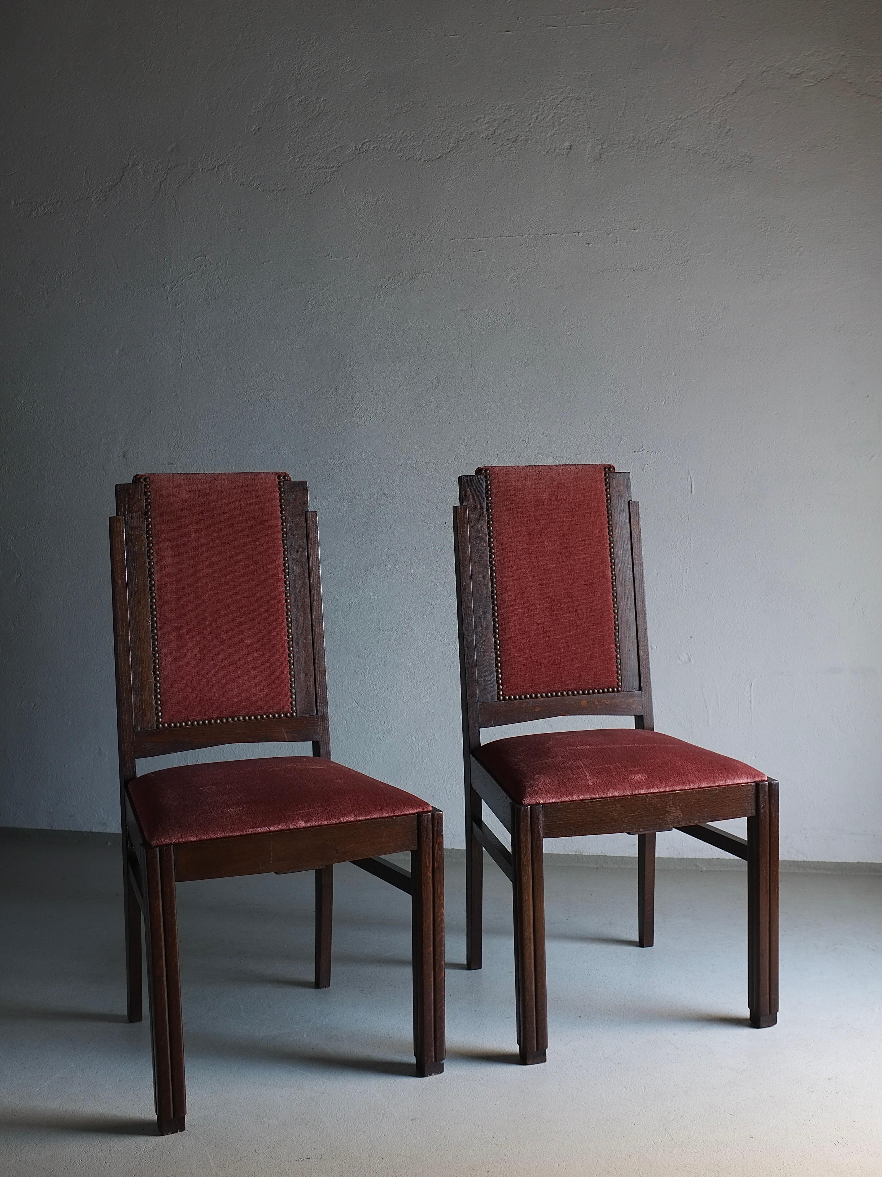 Set of two Amsterdam School chairs with original velour upholstery and spring seats. I have 2 armchairs with the same design (shown in the last photo).