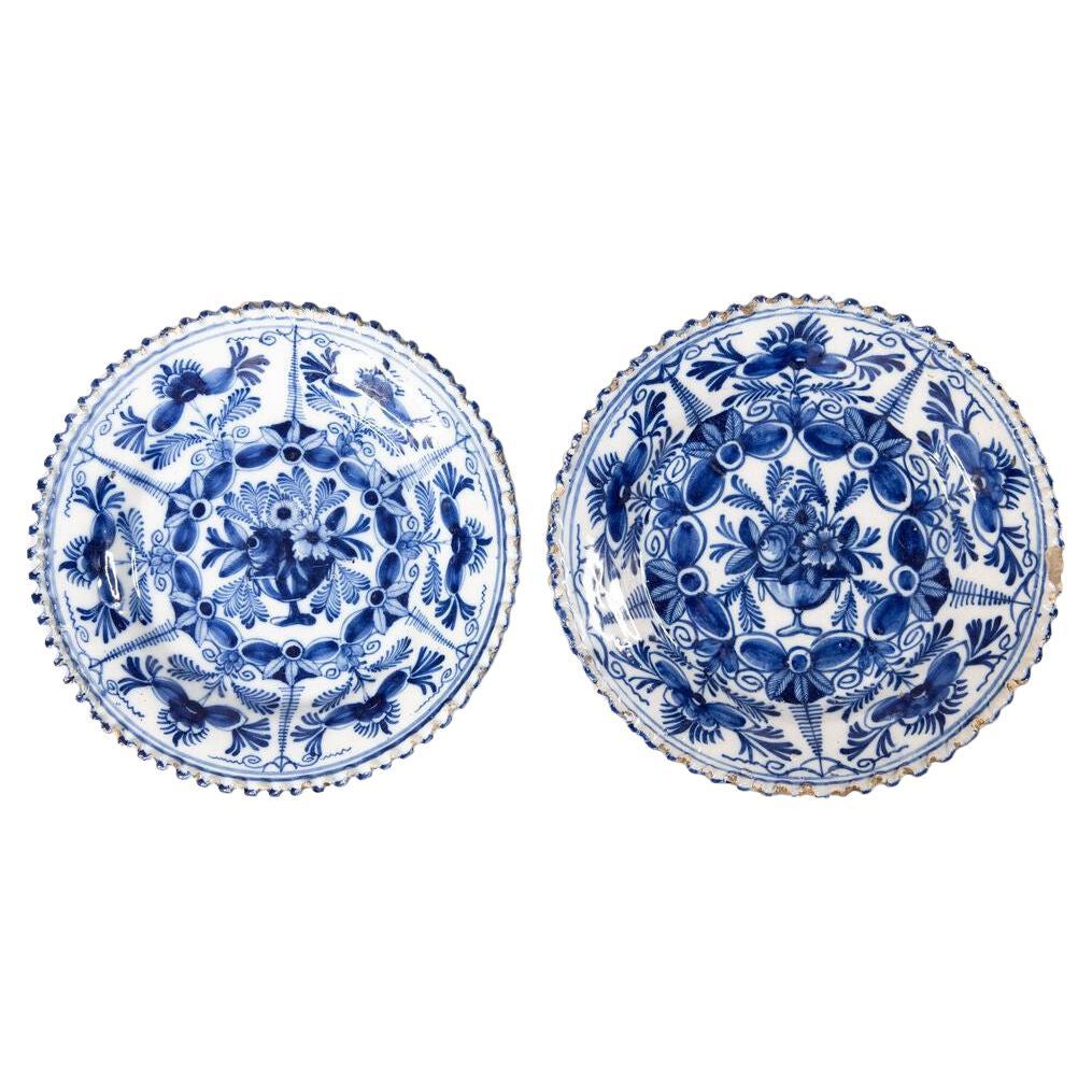 Set of 2 Antique 18th C. Dutch Delft Floral Plates For Sale