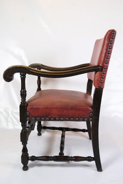 Set Of 2 Antique Armchairs Made In Oak & With Red Leather From 1930s