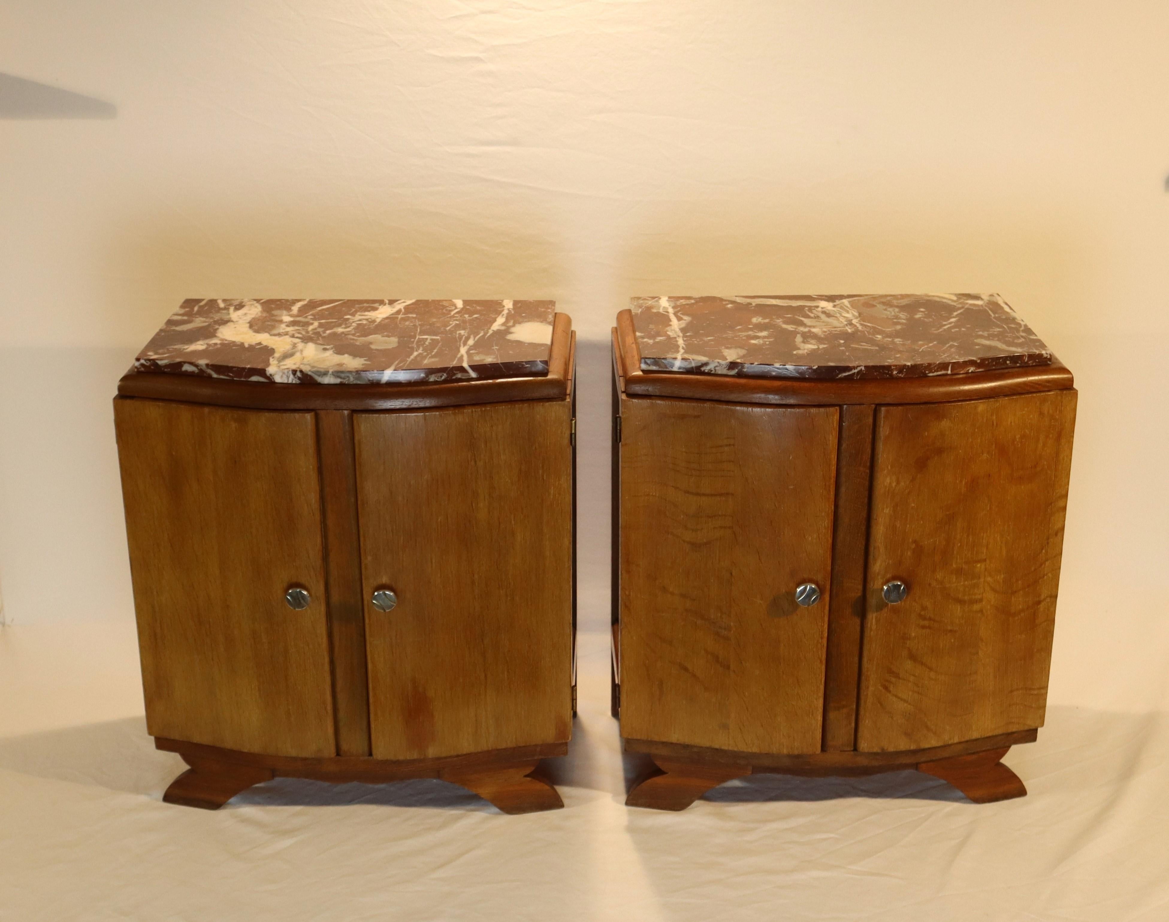 Set of 2 antique Bedside Tables-French Art Deco Marble and Wood Nightstands-30s 4