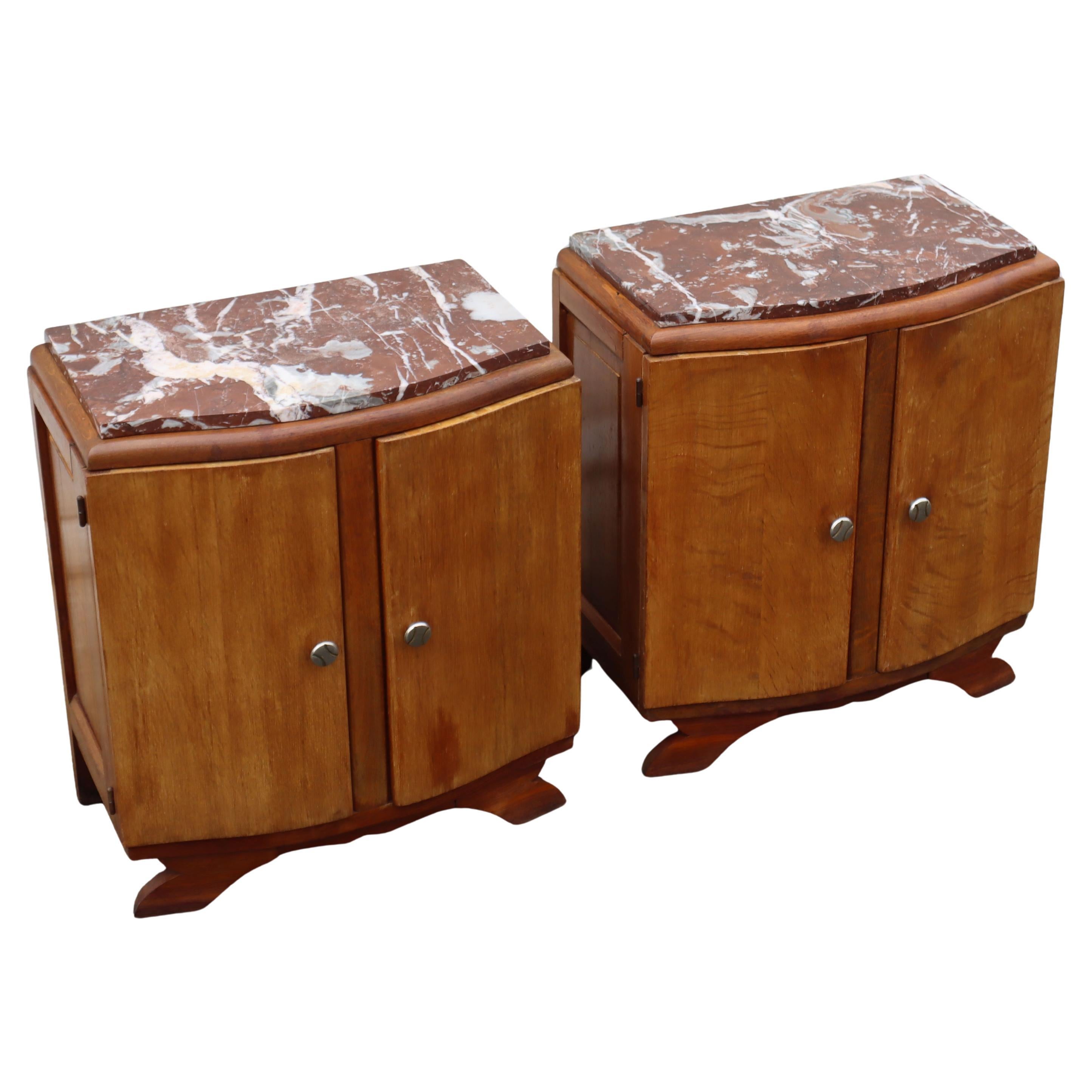 Carved Set of 2 antique Bedside Tables-French Art Deco Marble and Wood Nightstands-30s