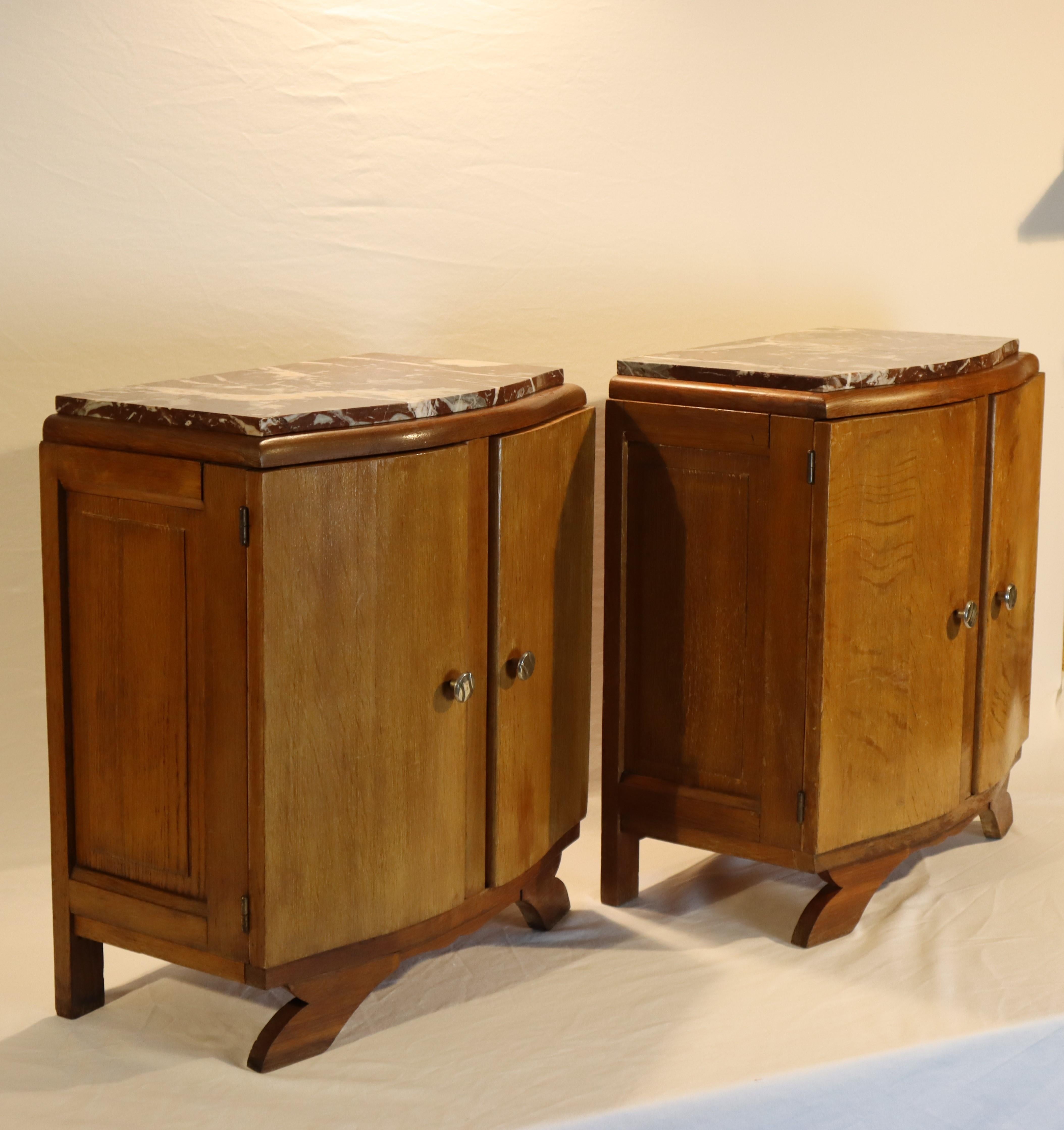 Siena Marble Set of 2 antique Bedside Tables-French Art Deco Marble and Wood Nightstands-30s