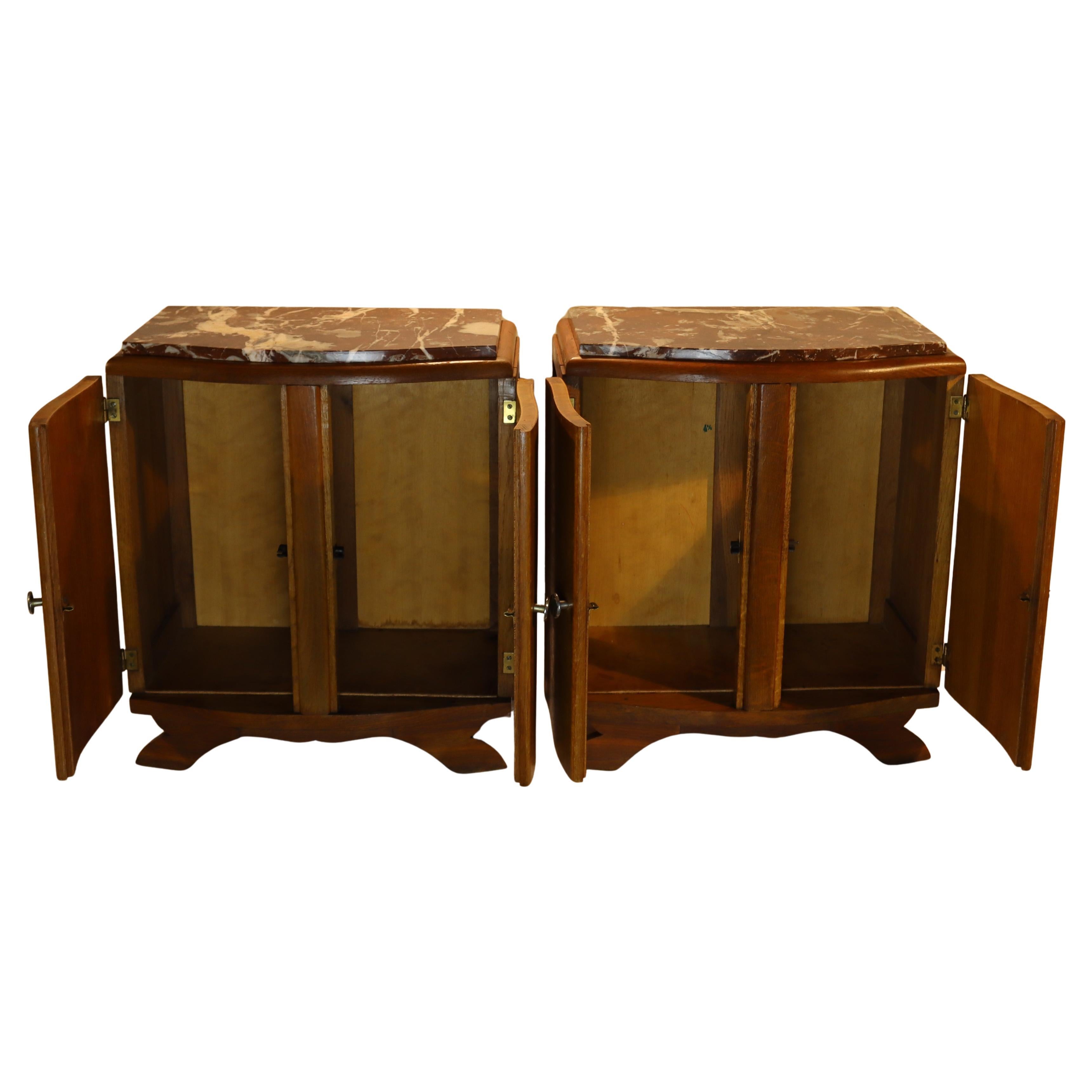 Set of 2 antique Bedside Tables-French Art Deco Marble and Wood Nightstands-30s 2
