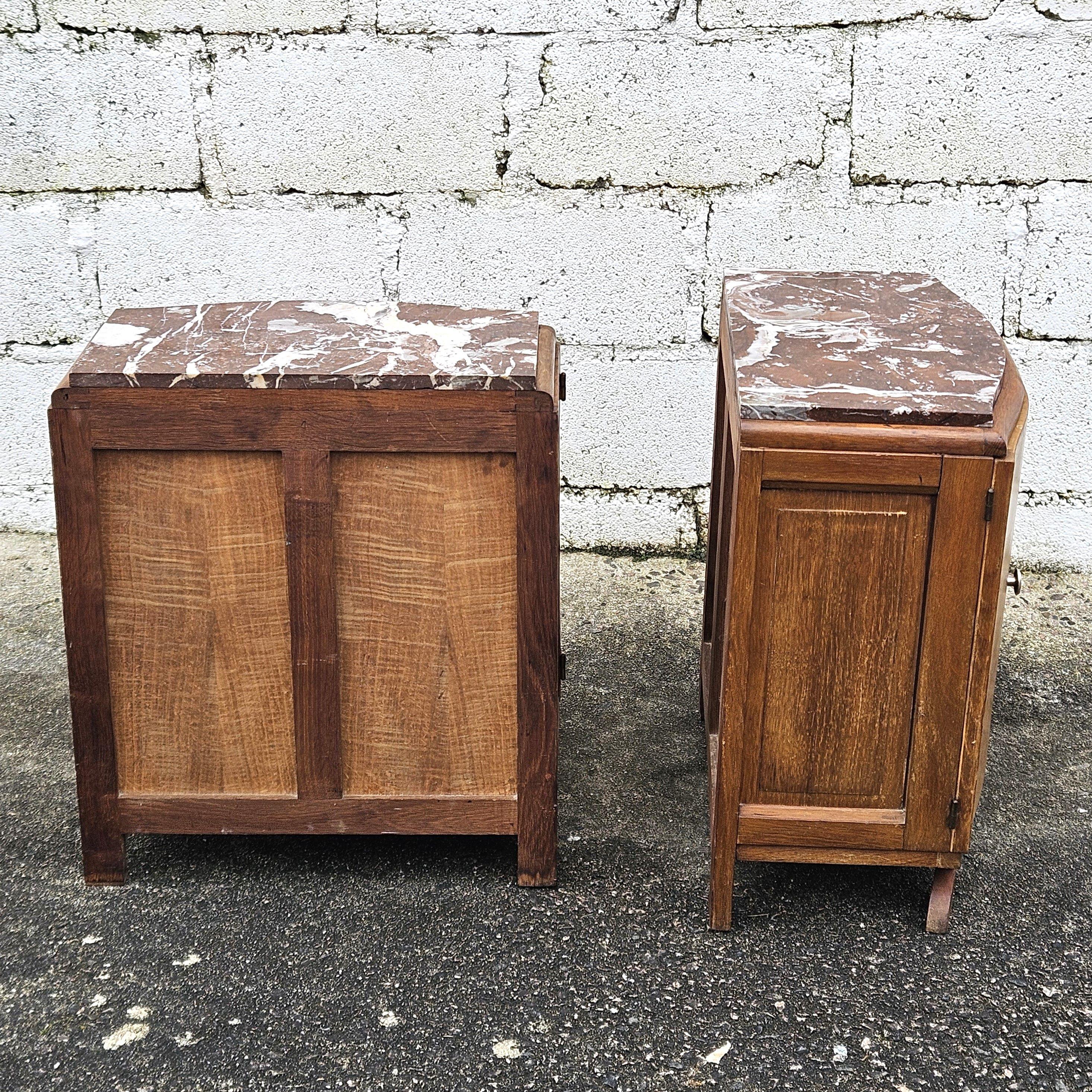 Set of 2 antique Bedside Tables-French Art Deco Marble and Wood Nightstands-30s 3