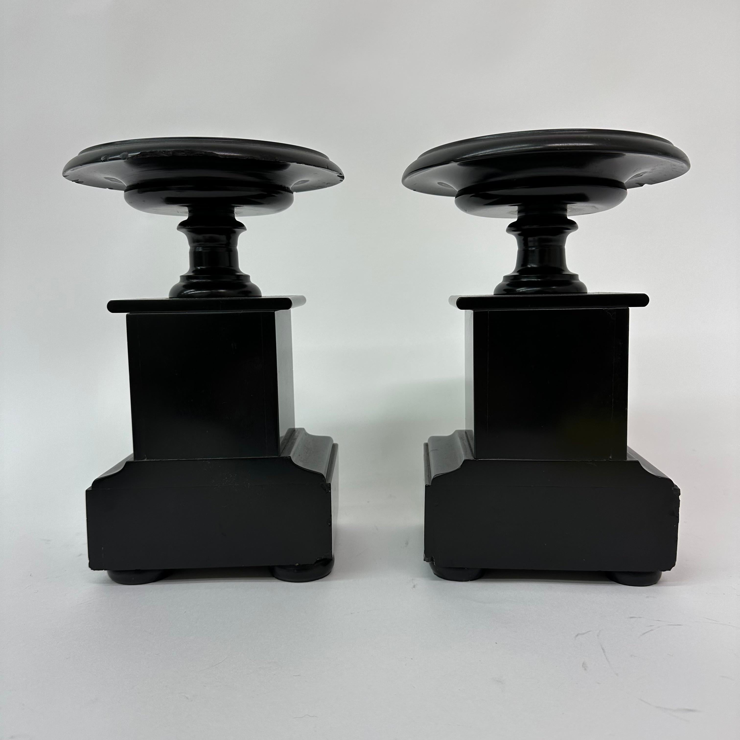 Set of 2 Antique Black Marble Candle Stands, 1930s Art Deco 6