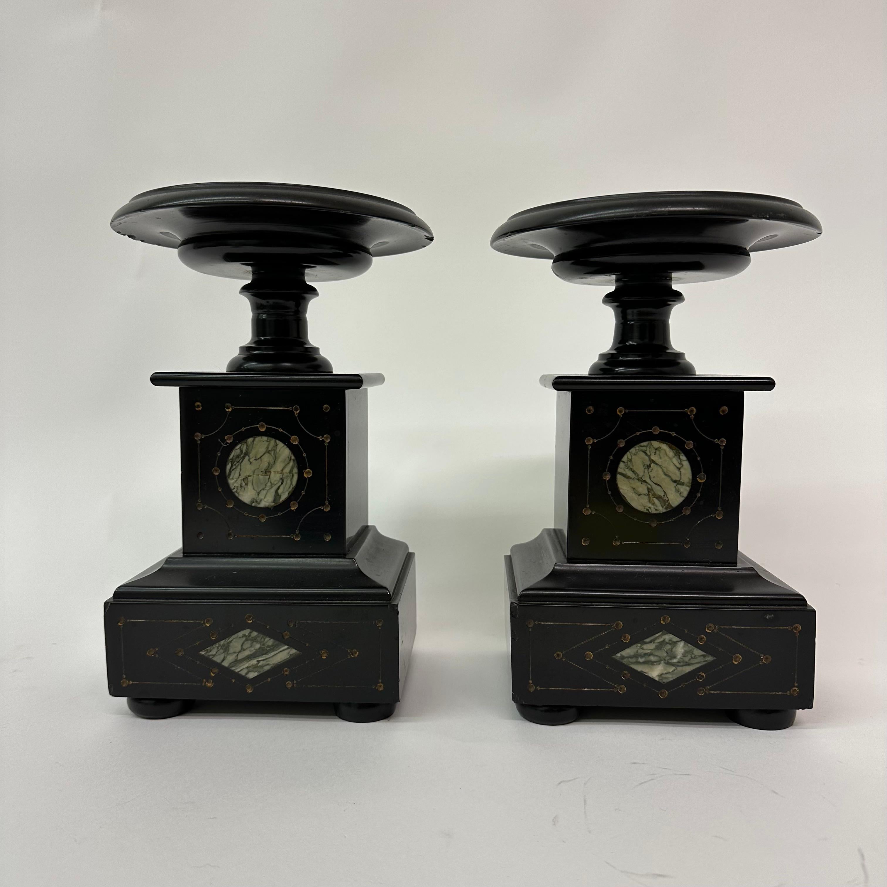 Set of 2 antique black marble candle stands, 1930s Art Deco.