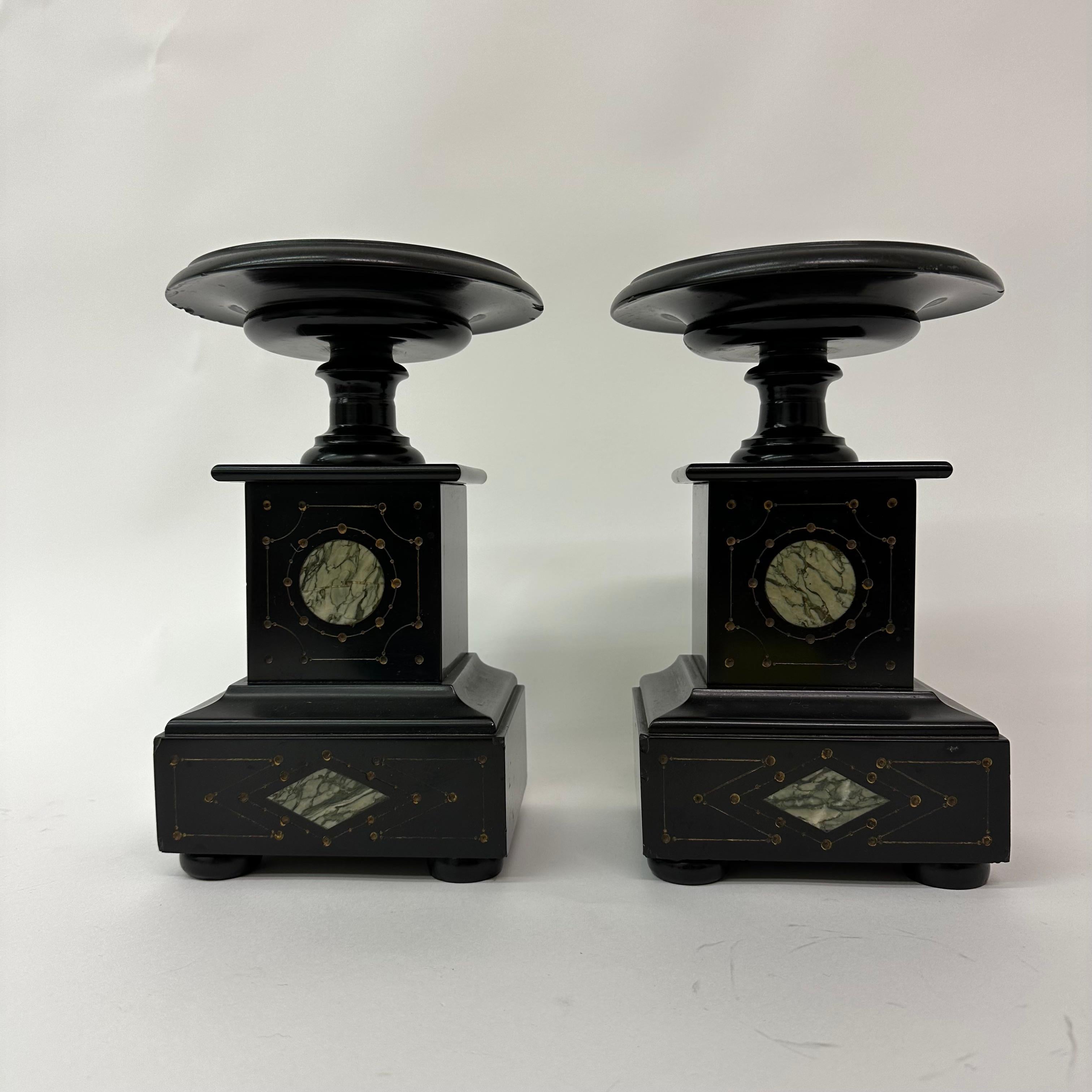 French Set of 2 Antique Black Marble Candle Stands, 1930s Art Deco