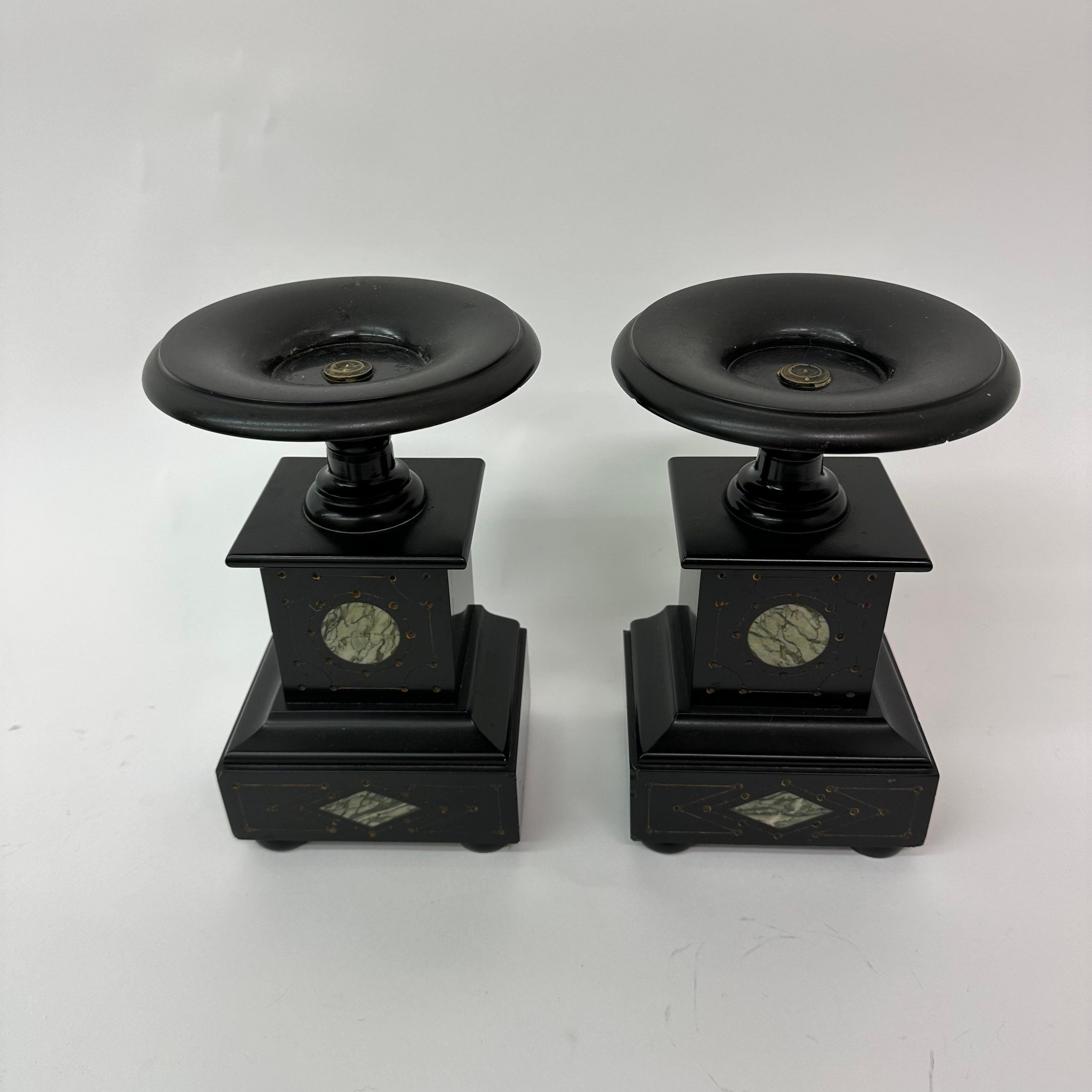 Set of 2 Antique Black Marble Candle Stands, 1930s Art Deco In Good Condition In Delft, NL