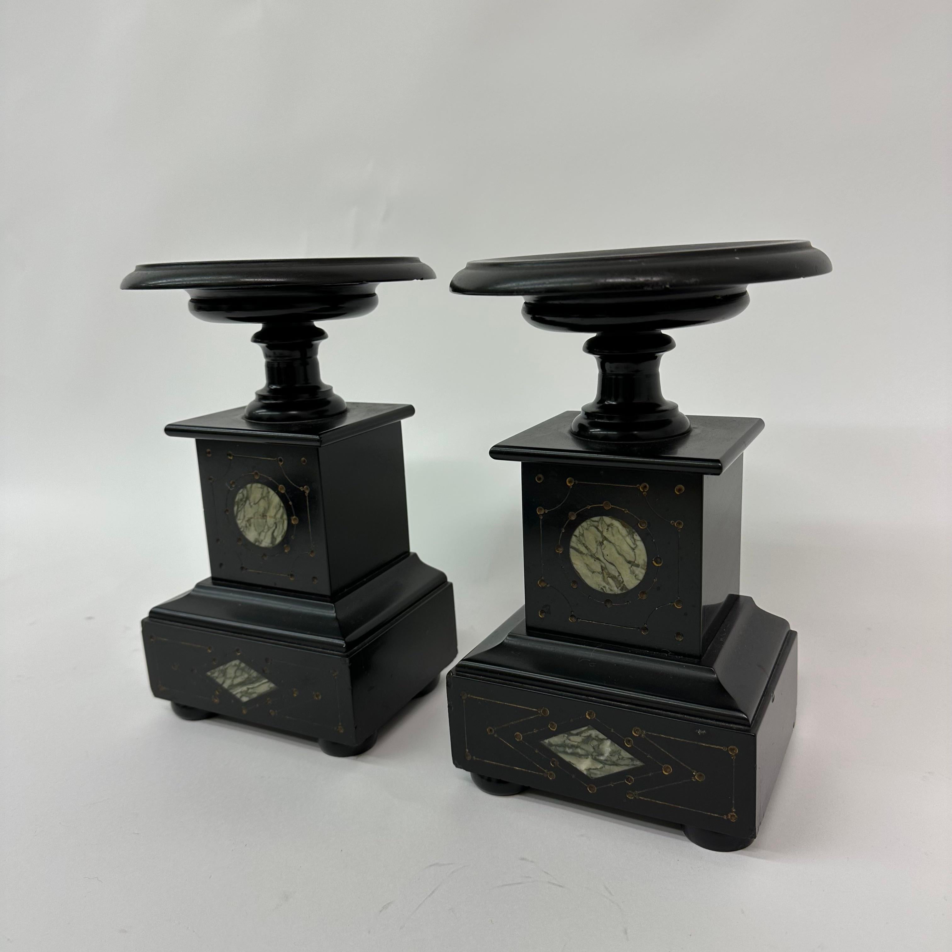 Mid-20th Century Set of 2 Antique Black Marble Candle Stands, 1930s Art Deco