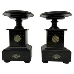 Set of 2 Antique Black Marble Candle Stands, 1930s Art Deco