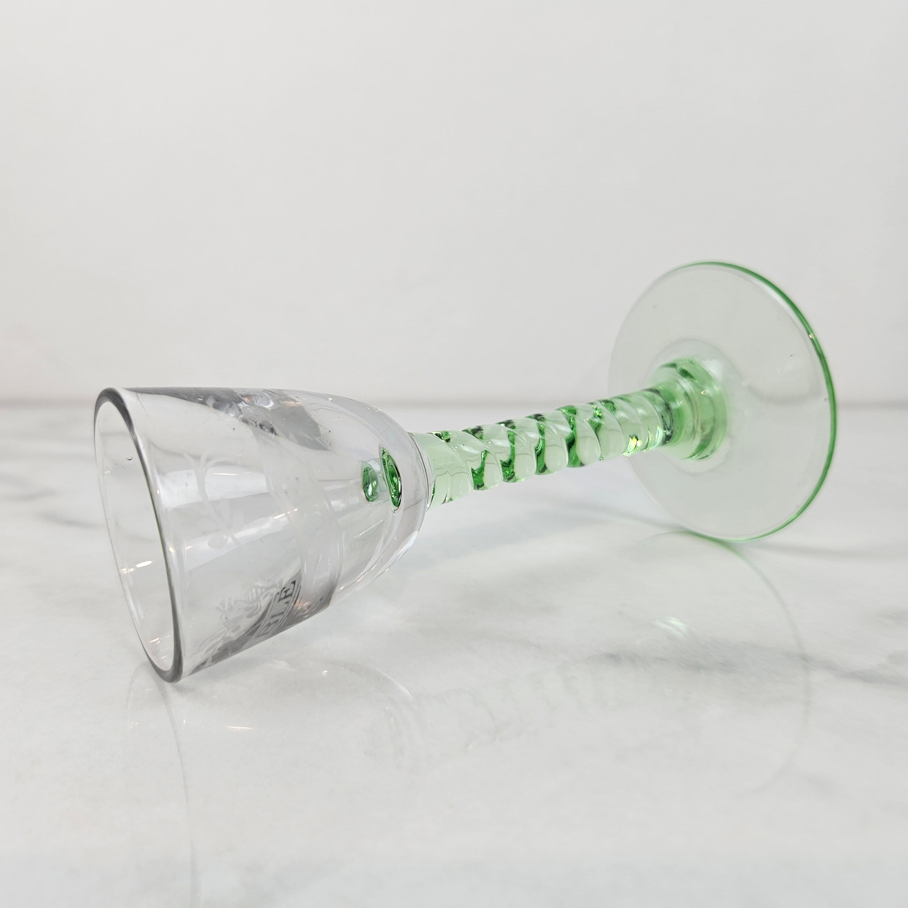 Blown Glass Set of 2 Antique “Blé d’Or” Engraved Jenever Glasses with Twisted Stem, 1900's For Sale