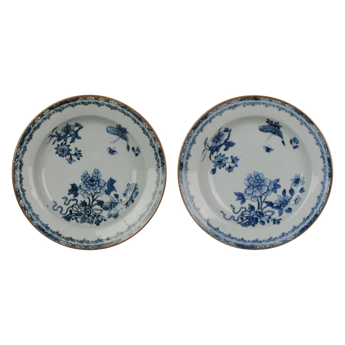 Set di 2 piatti antichi di porcellana cinese del periodo Kangxi/Yongzheng Blue White