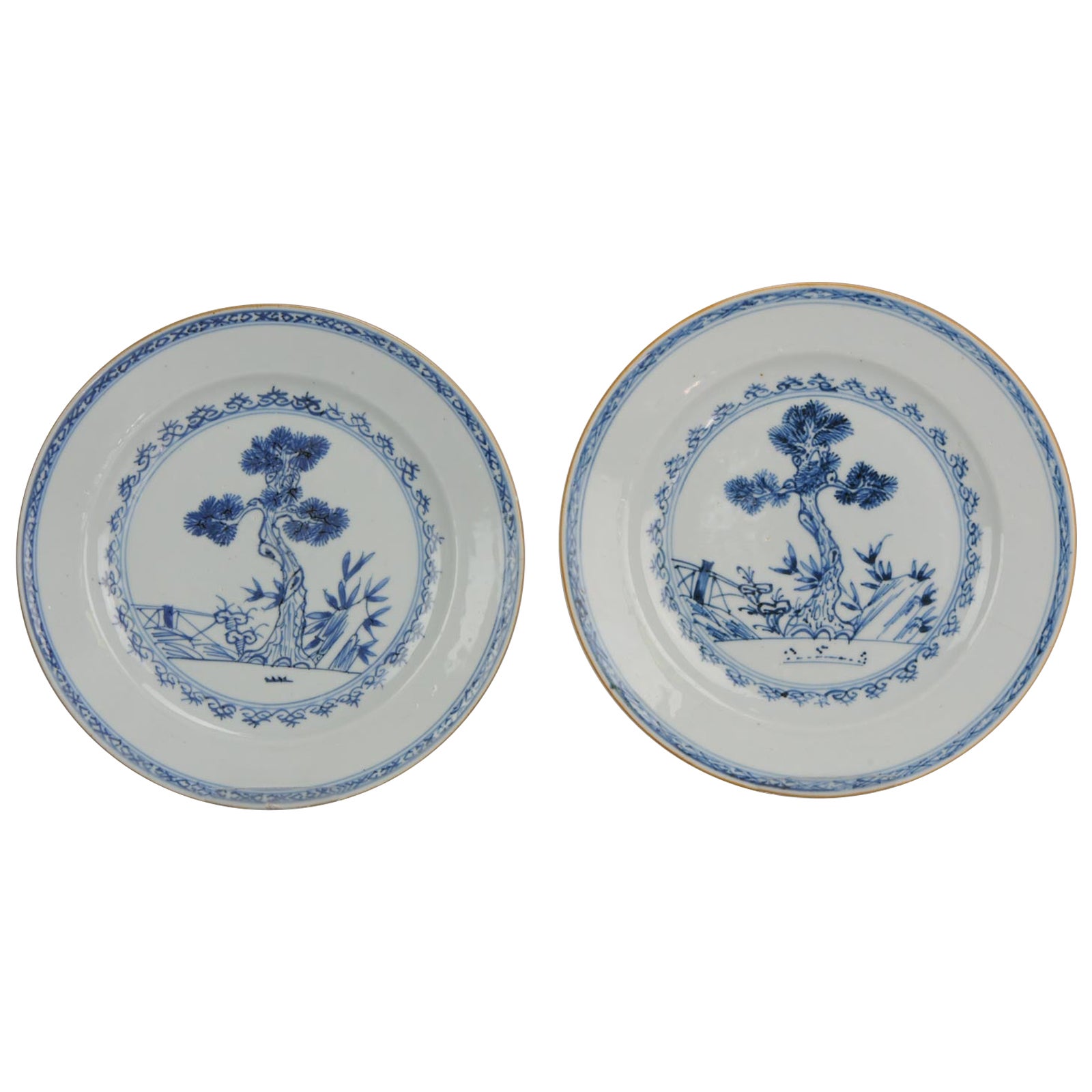 Set von 2 antiken chinesischen Yongzheng-Porzellantellern in Blau und Weiß aus Yongzheng, 18. Cen