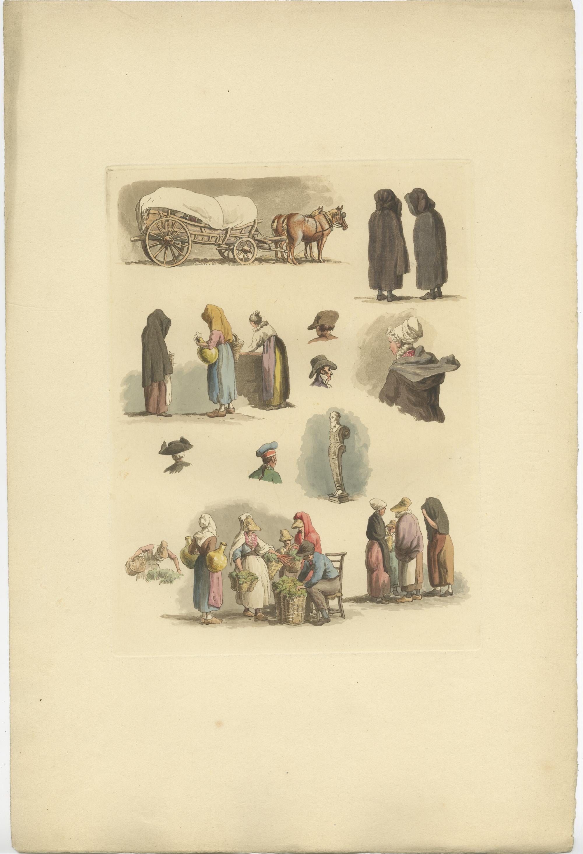 Satz von zwei antiken Drucken mit Kostümen aus Flandern und Holland. Veröffentlicht von oder nach Robert Hills, ca. 1820.