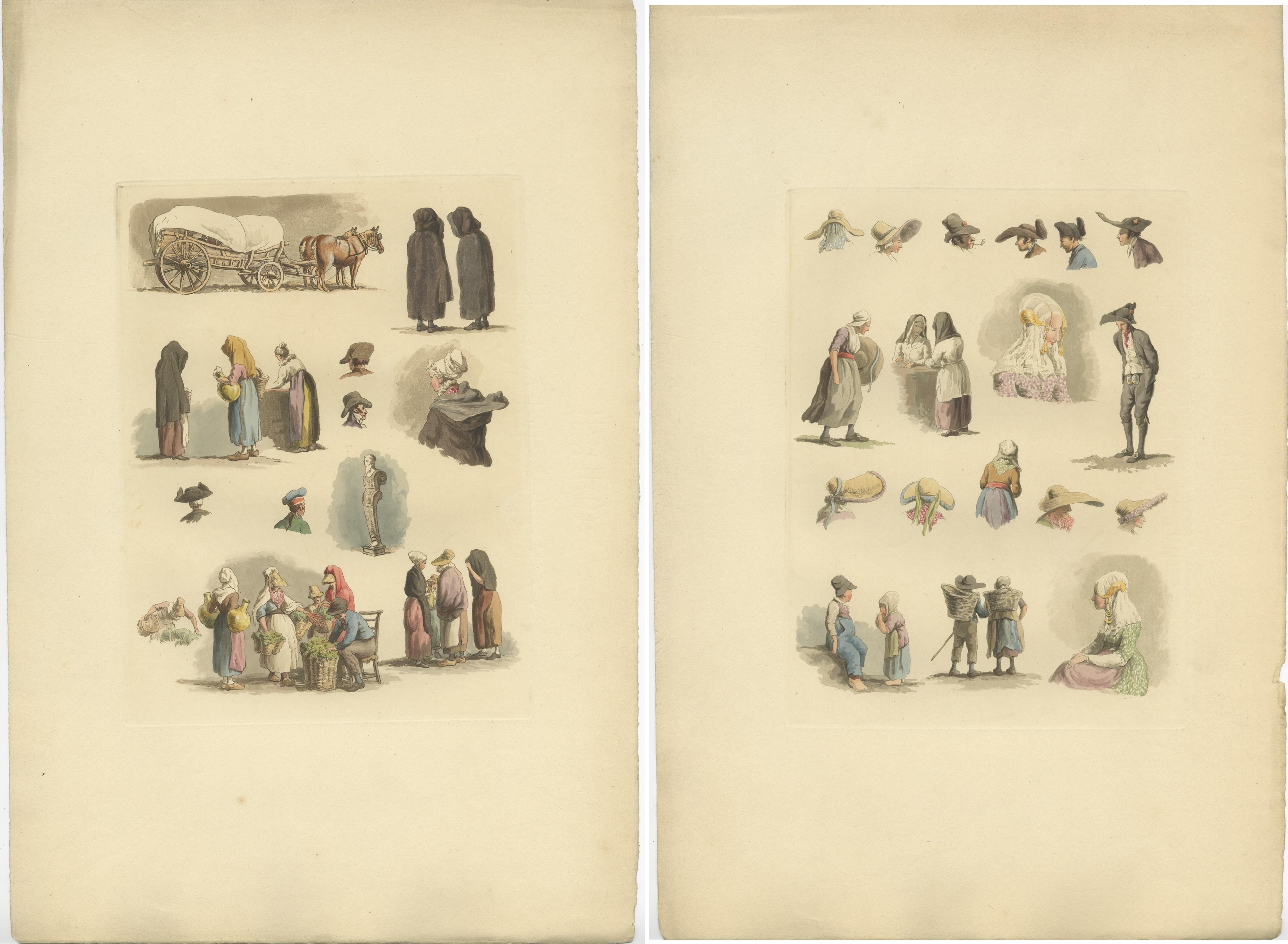 Satz von 2 antiken Kostümdrucken von Flandern und Holland, um 1820 (19. Jahrhundert) im Angebot
