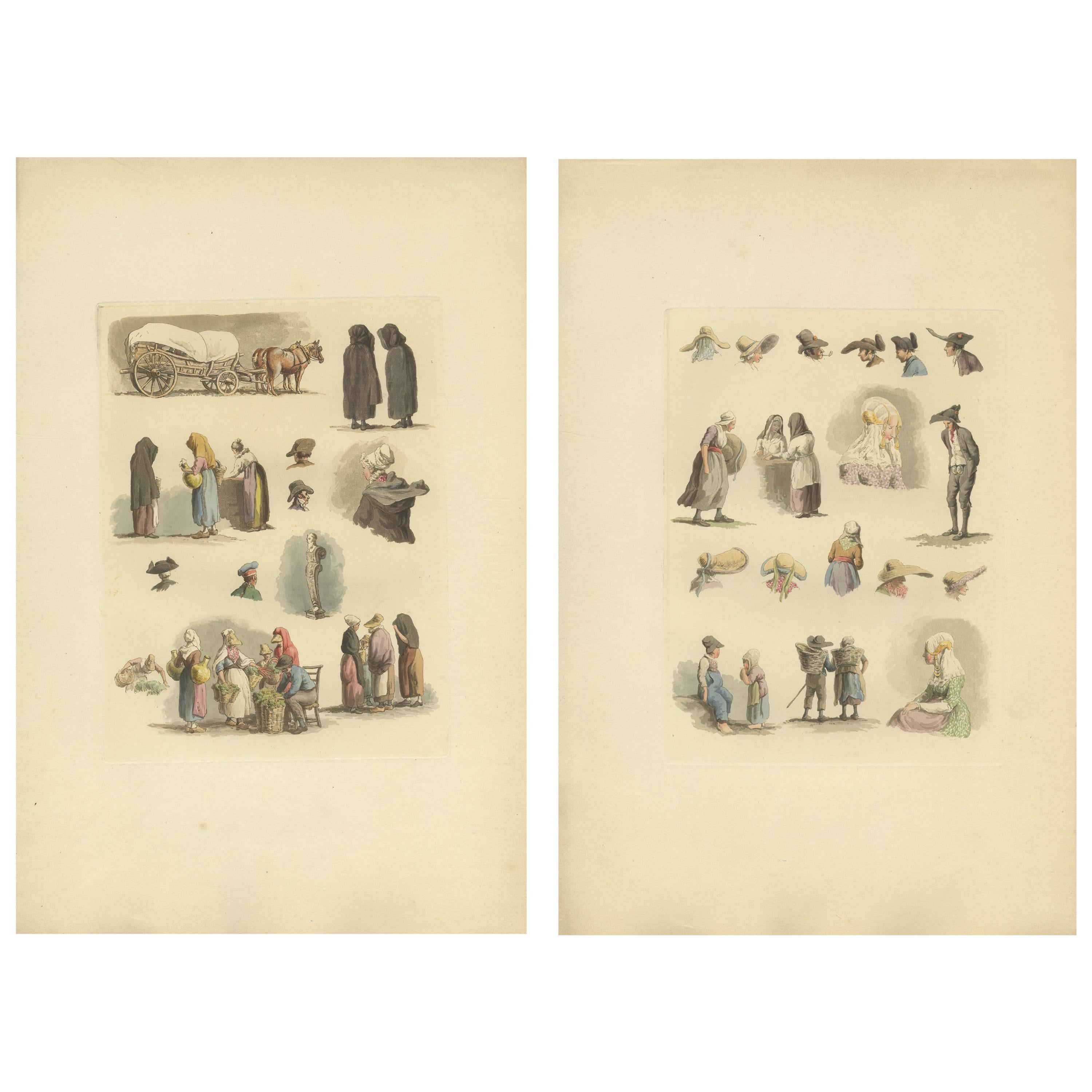 Set of 2 Antique Costume Prints of Flanders and Holland, circa 1820