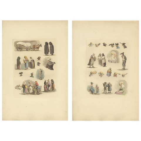Hand-Colored Prints of Dutch and Flemish Costumes – Figures and Headwear, 1820