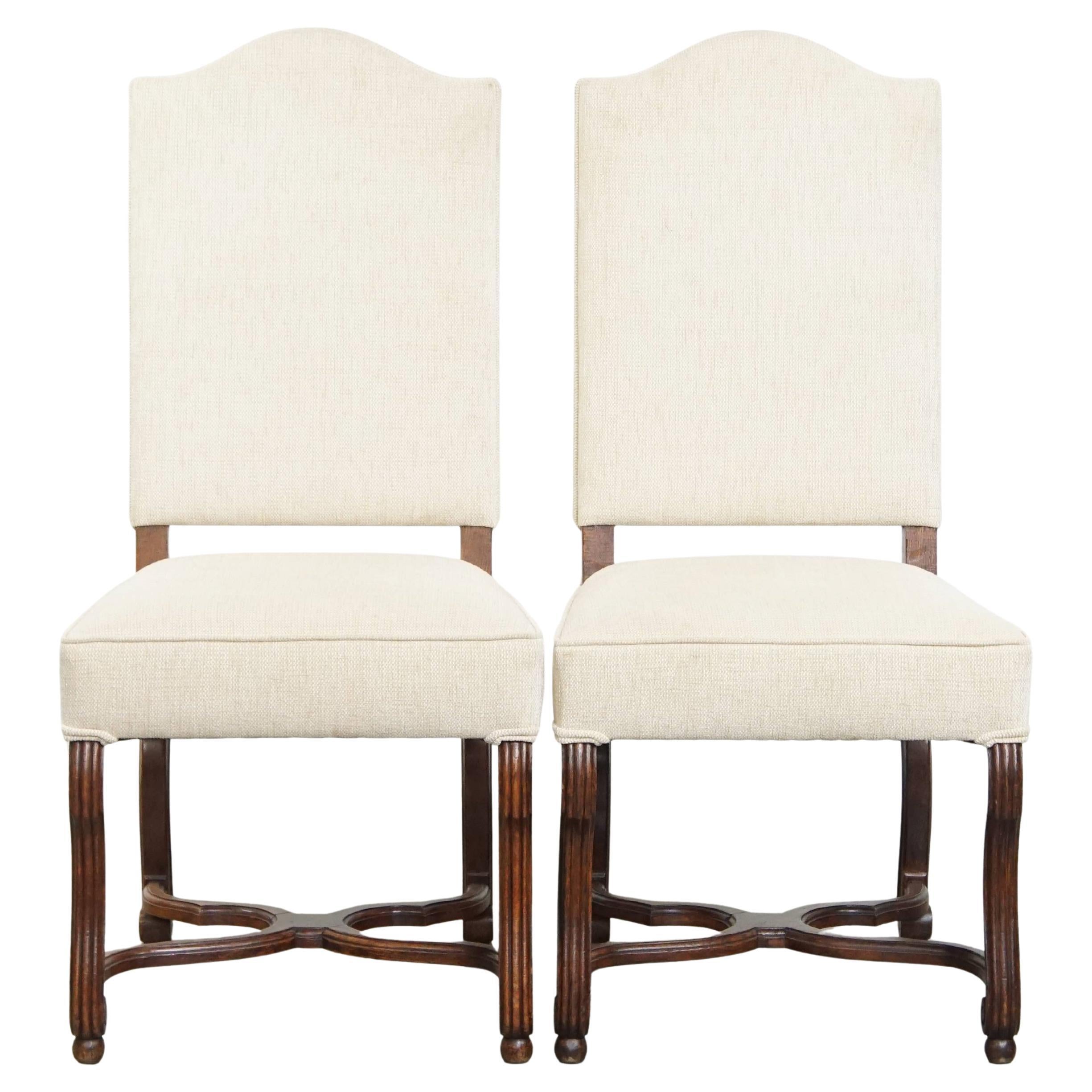 Set of 2 Antique Dining Chairs with Beige Upholstery and Wooden Frame