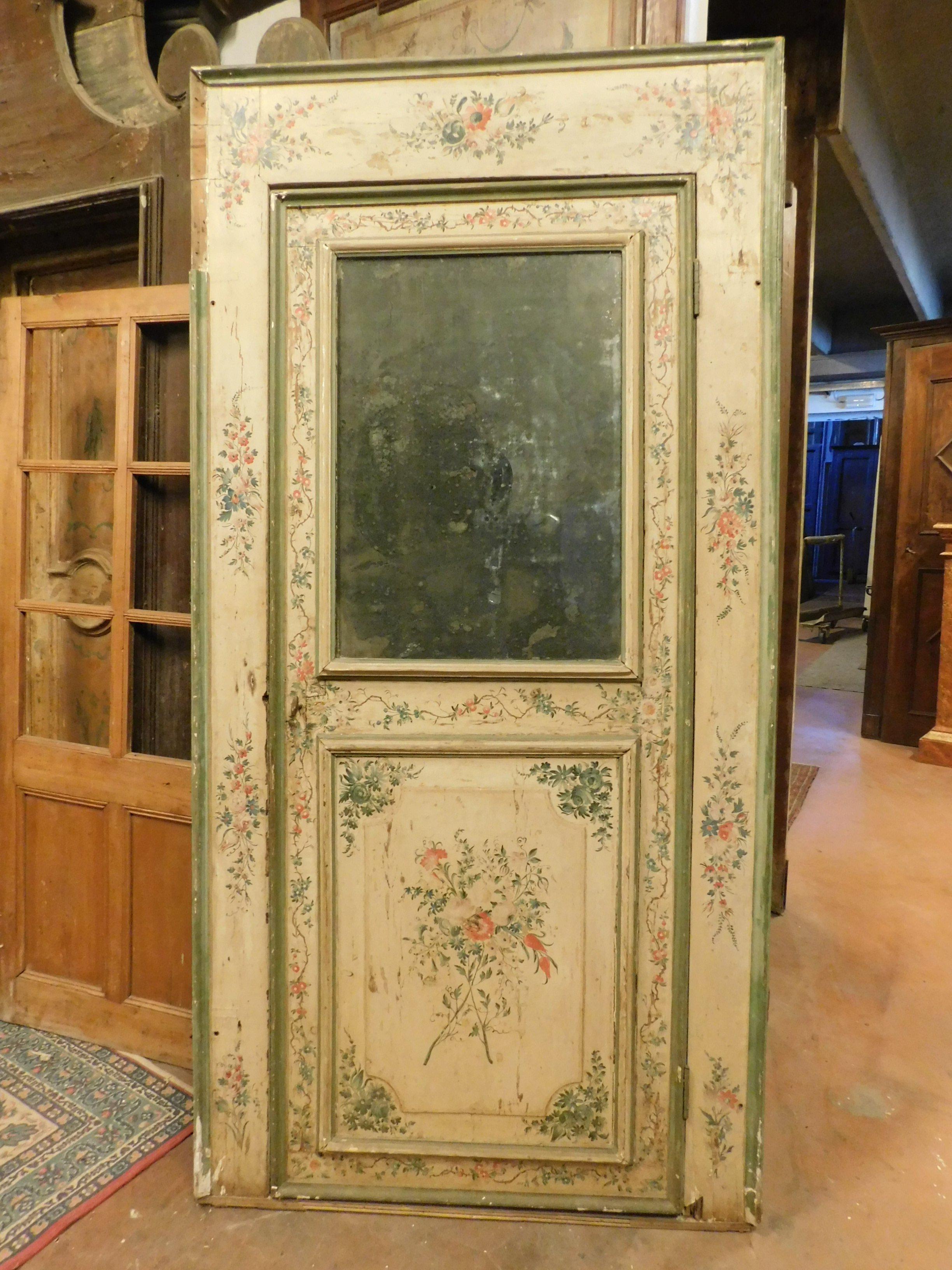 Italian Set of 2 Antique Doors Richly Painted Colorful Flowers and Mirror, 1700, Italy