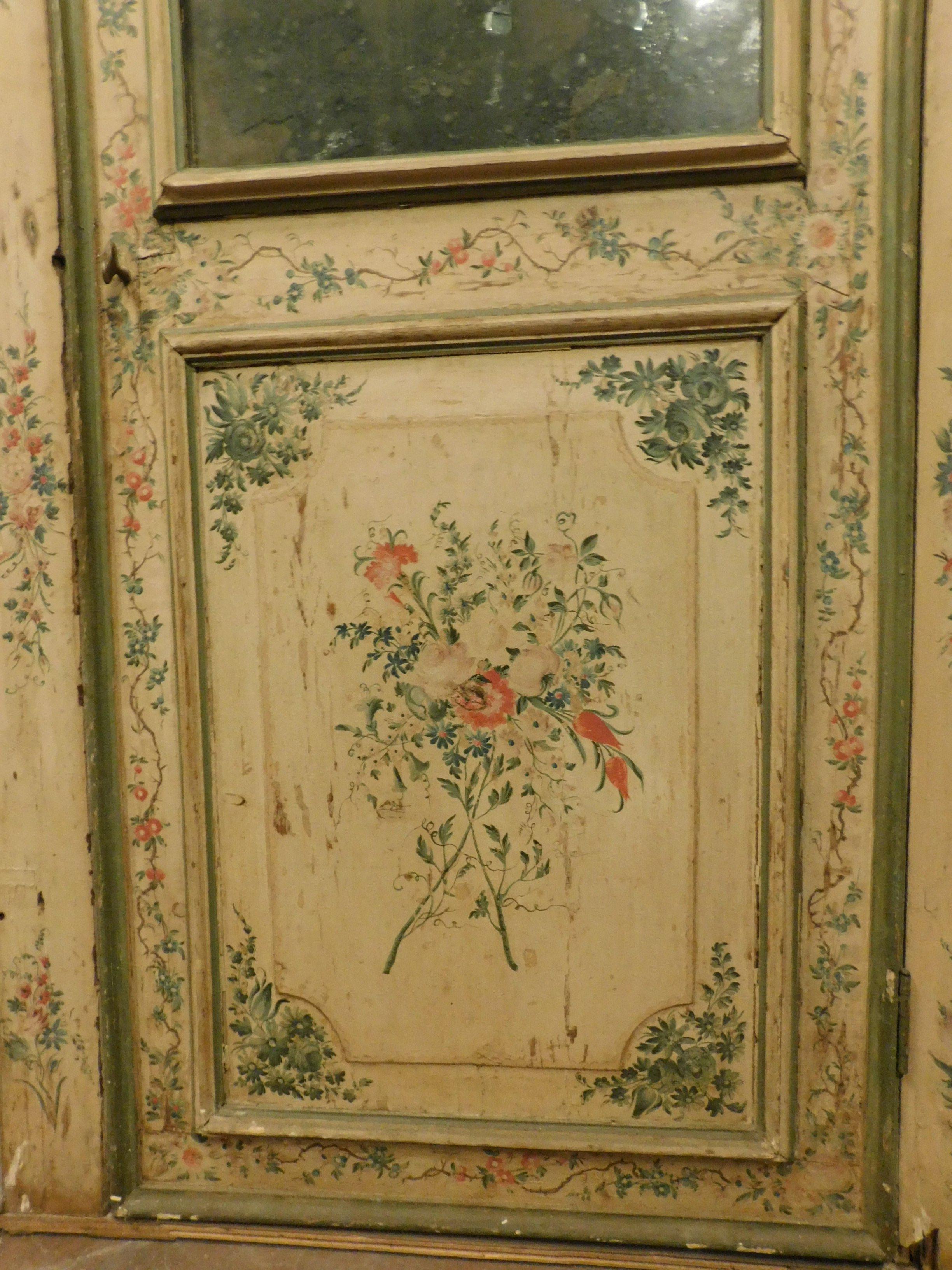 Hand-Painted Set of 2 Antique Doors Richly Painted Colorful Flowers and Mirror, 1700, Italy
