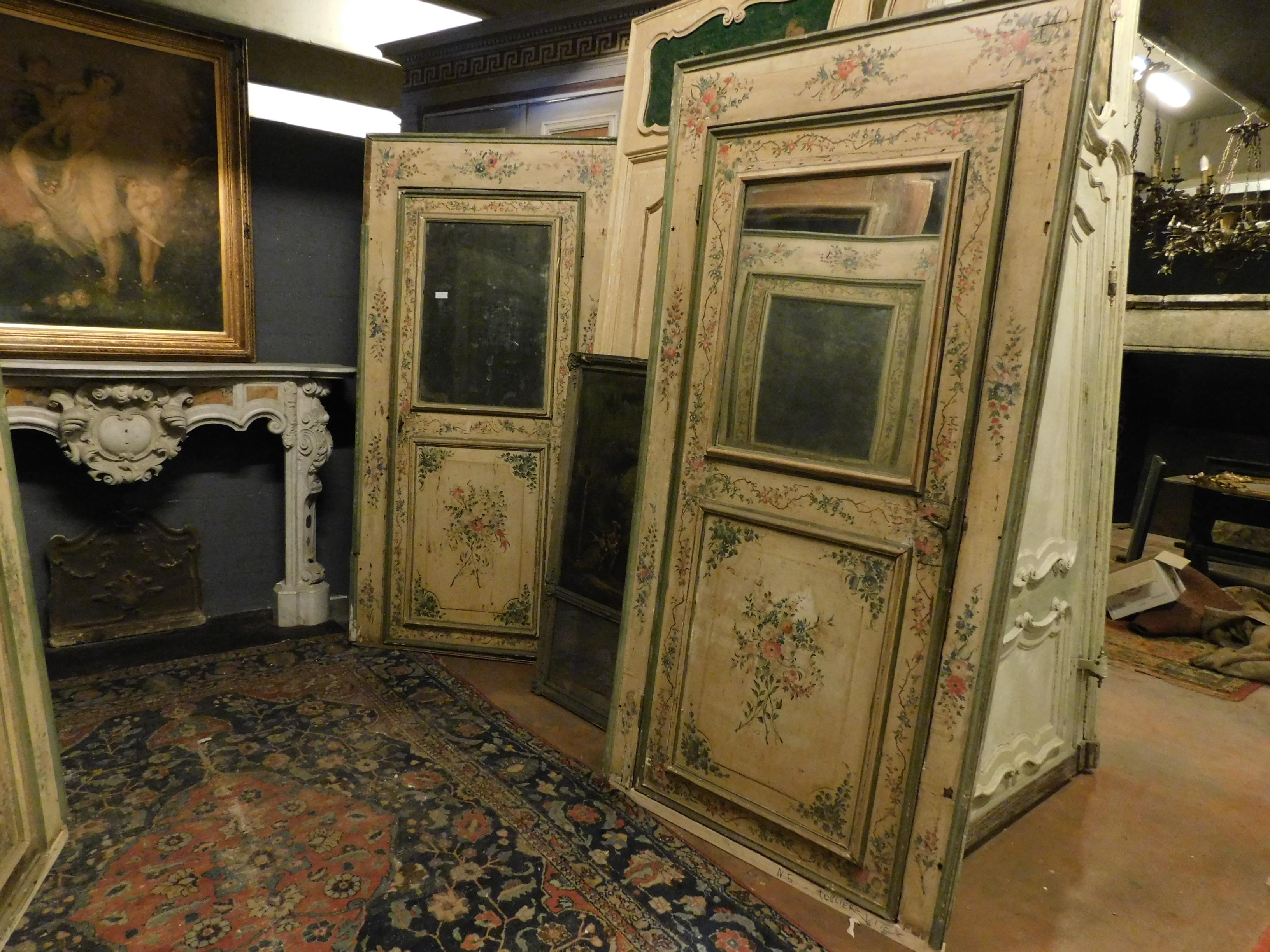 18th Century Set of 2 Antique Doors Richly Painted Colorful Flowers and Mirror, 1700, Italy