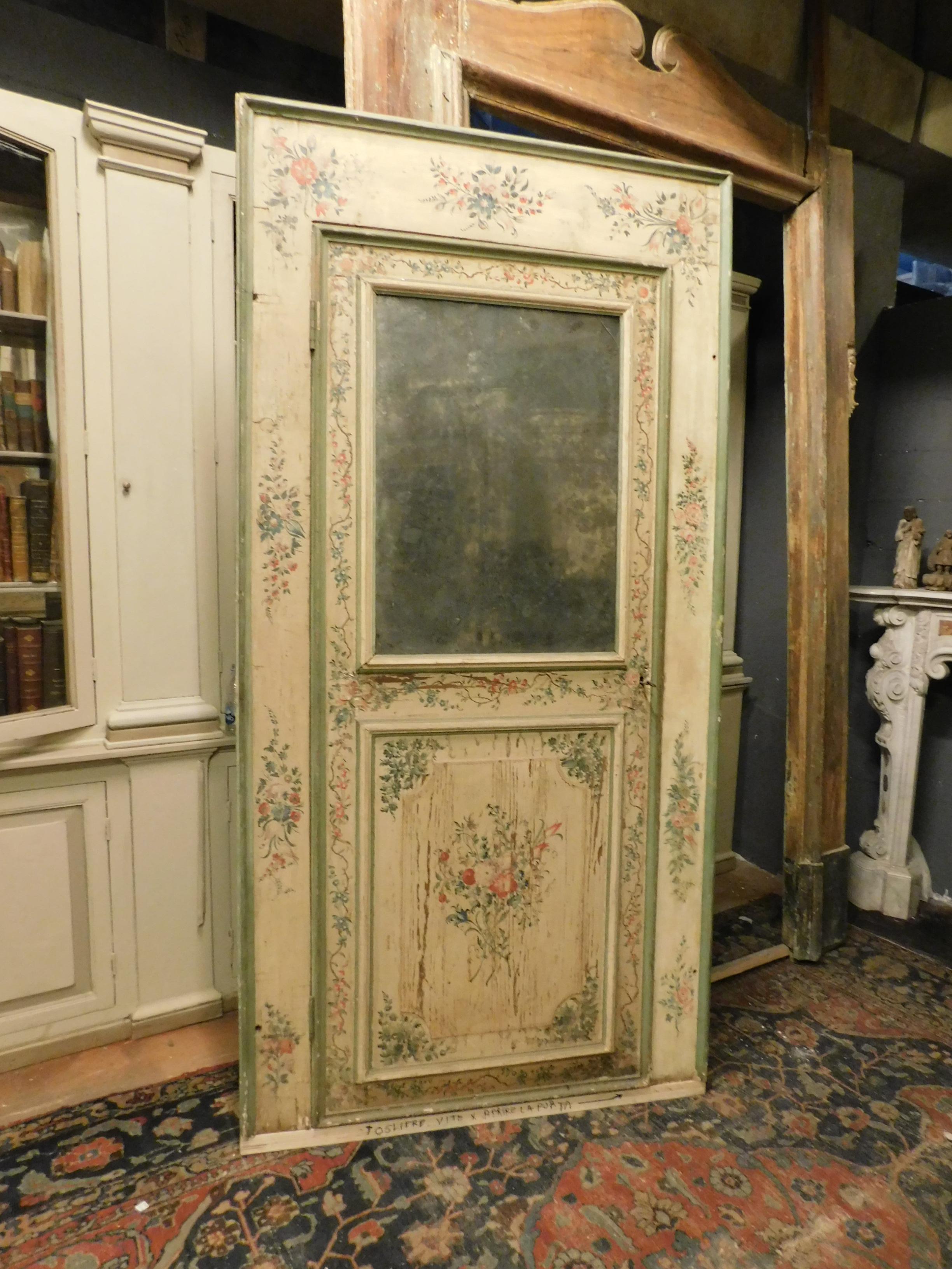 Wood Set of 2 Antique Doors Richly Painted Colorful Flowers and Mirror, 1700, Italy