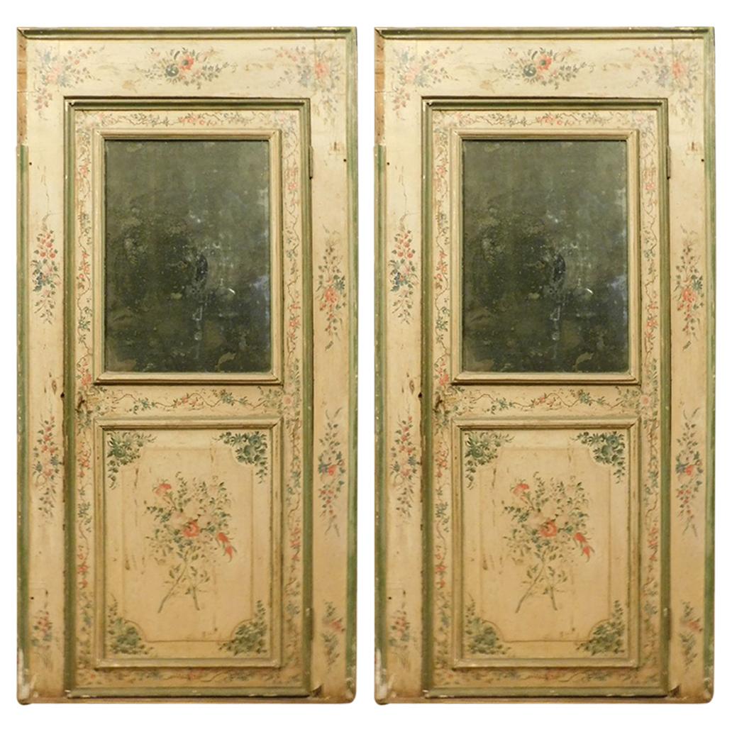 Set of 2 Antique Doors Richly Painted Colorful Flowers and Mirror, 1700, Italy