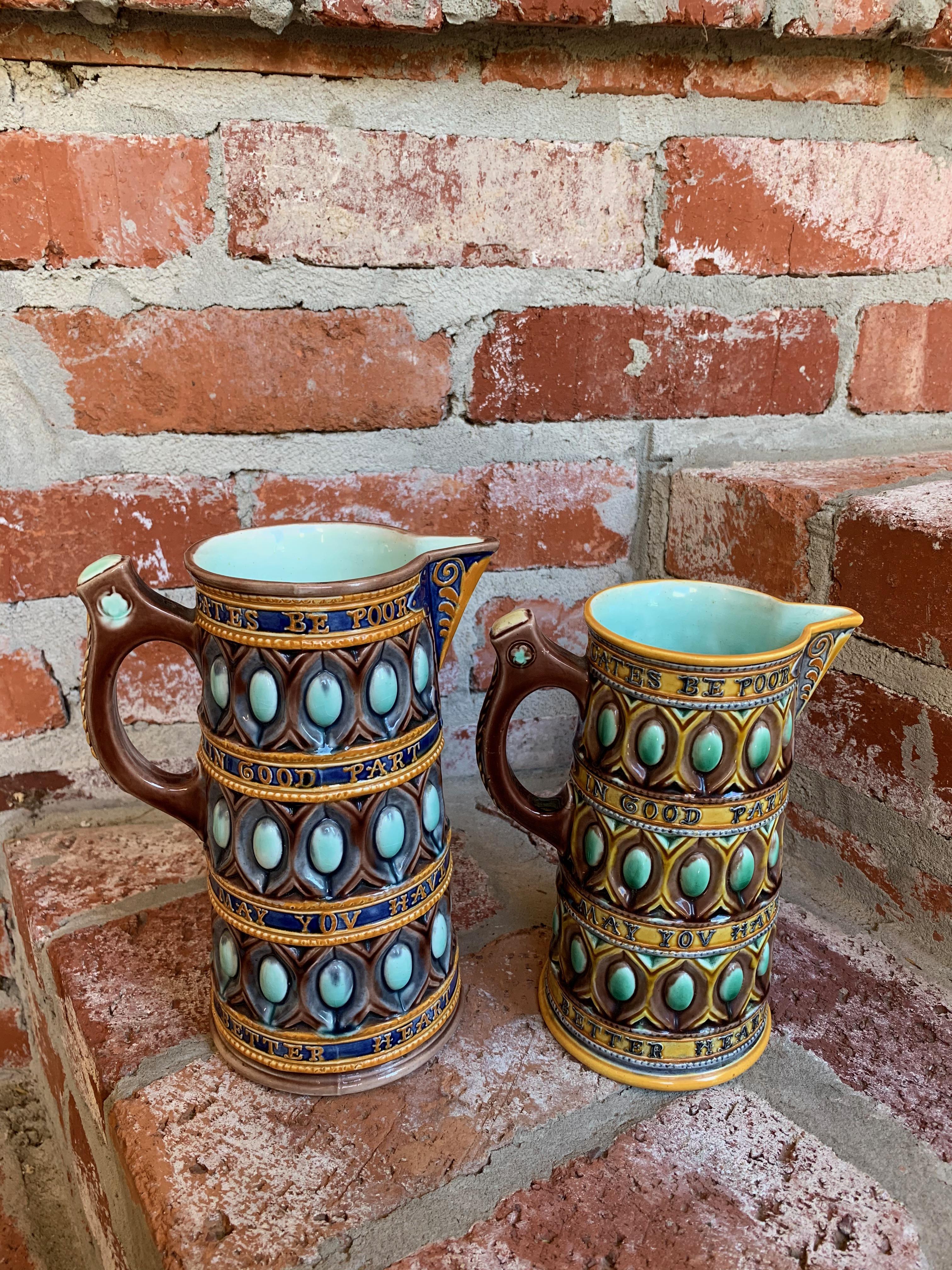 Set of 2 Antique English Wedgwood Majolica Pitcher Caterer Jug Shakespeare c1867 9