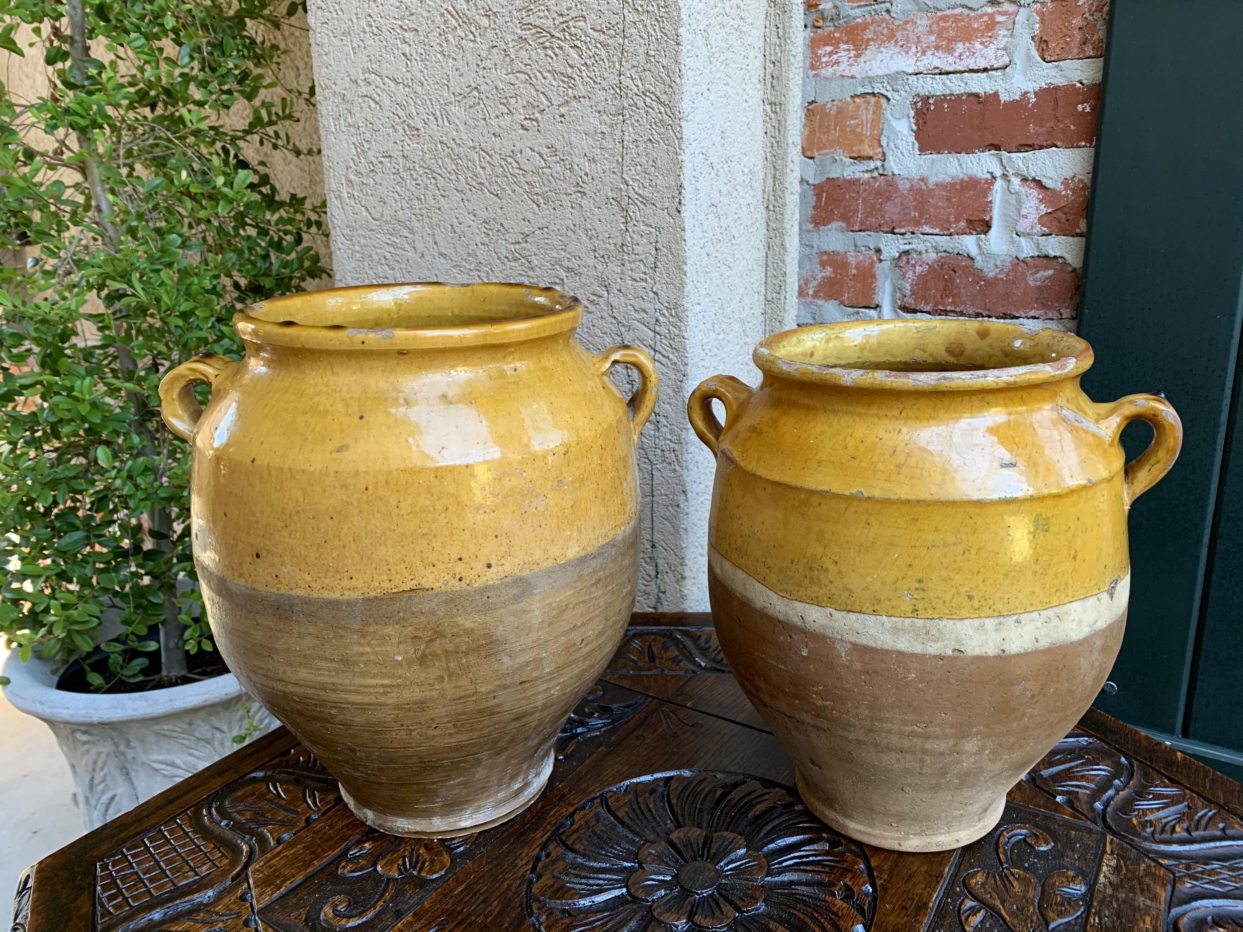 French Provincial Set of 2 Antique French Confit Pot Yellow Glazed Pottery Provence, 19th Century