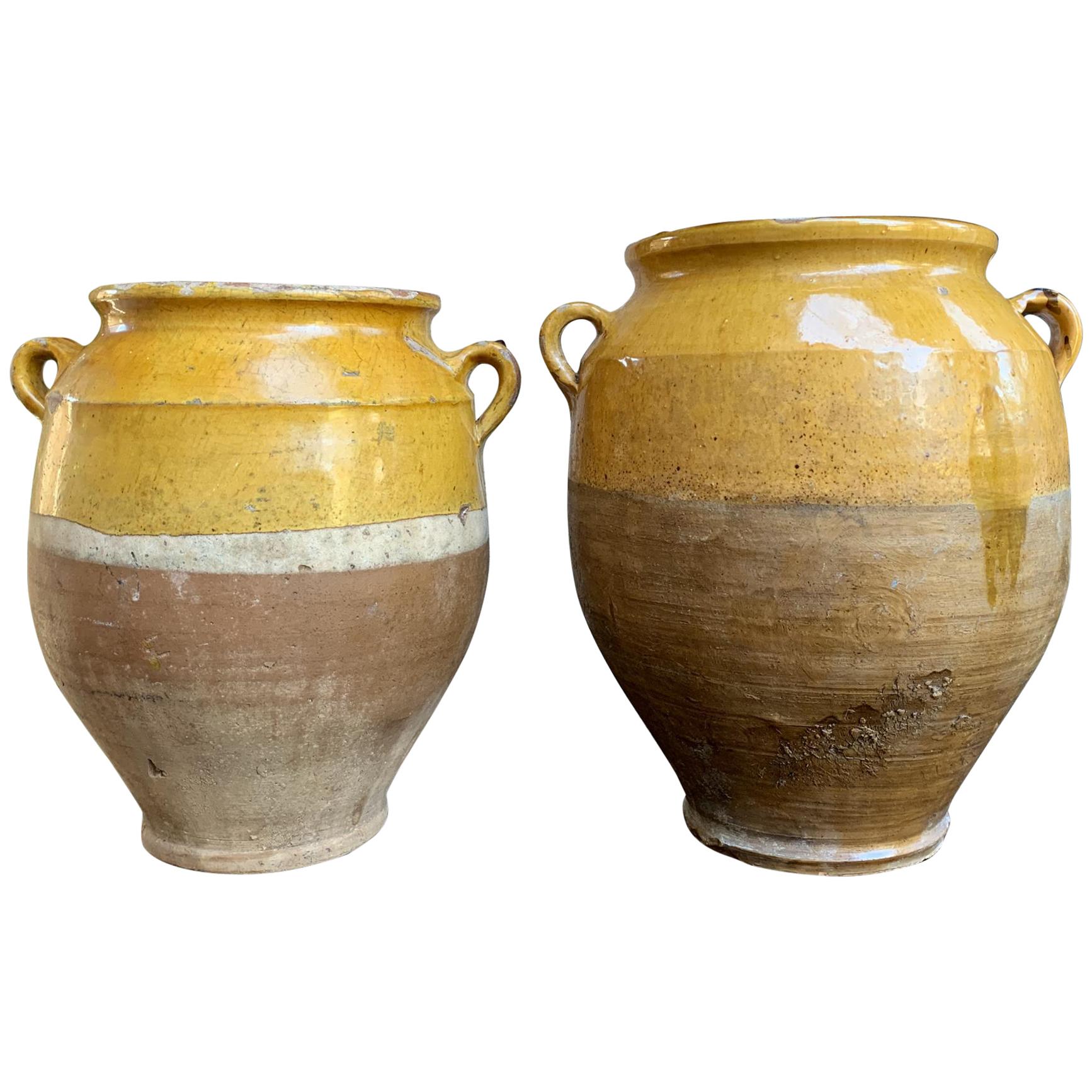 Set of 2 Antique French Confit Pot Yellow Glazed Pottery Provence, 19th Century