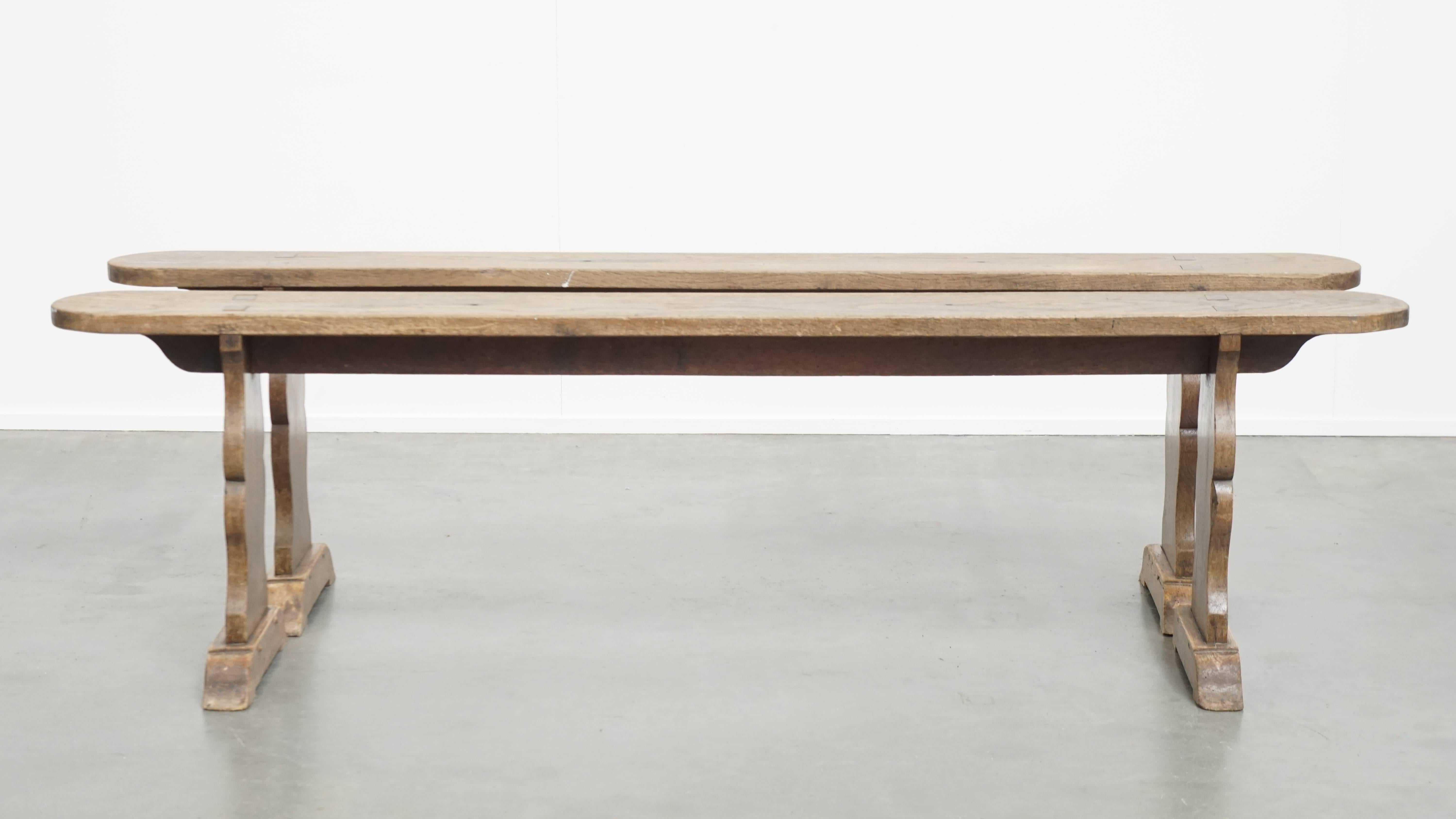 Hand-Crafted Set of 2 Antique French Hall Benches / Dining Benches For Sale