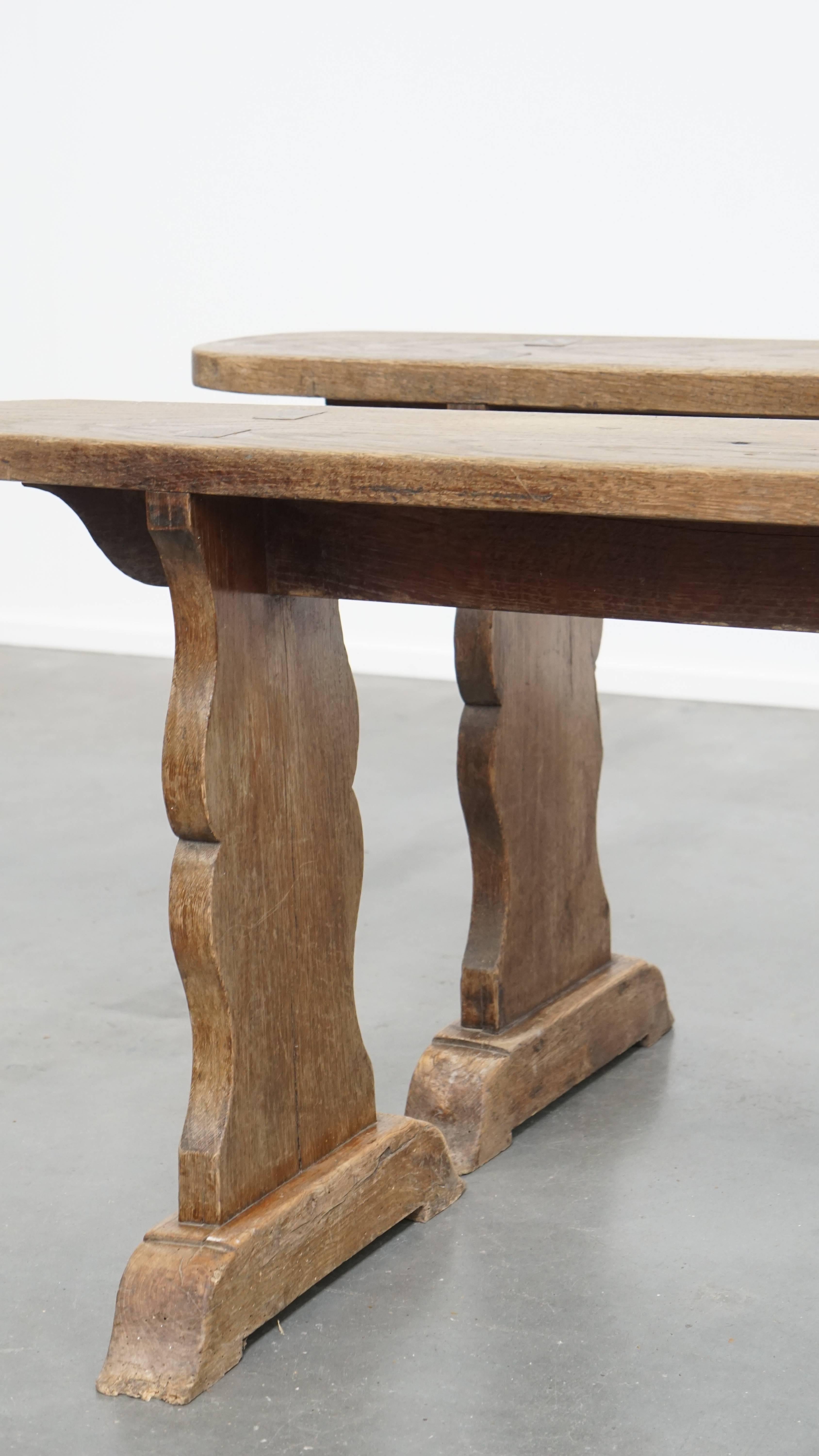 Wood Set of 2 Antique French Hall Benches / Dining Benches For Sale