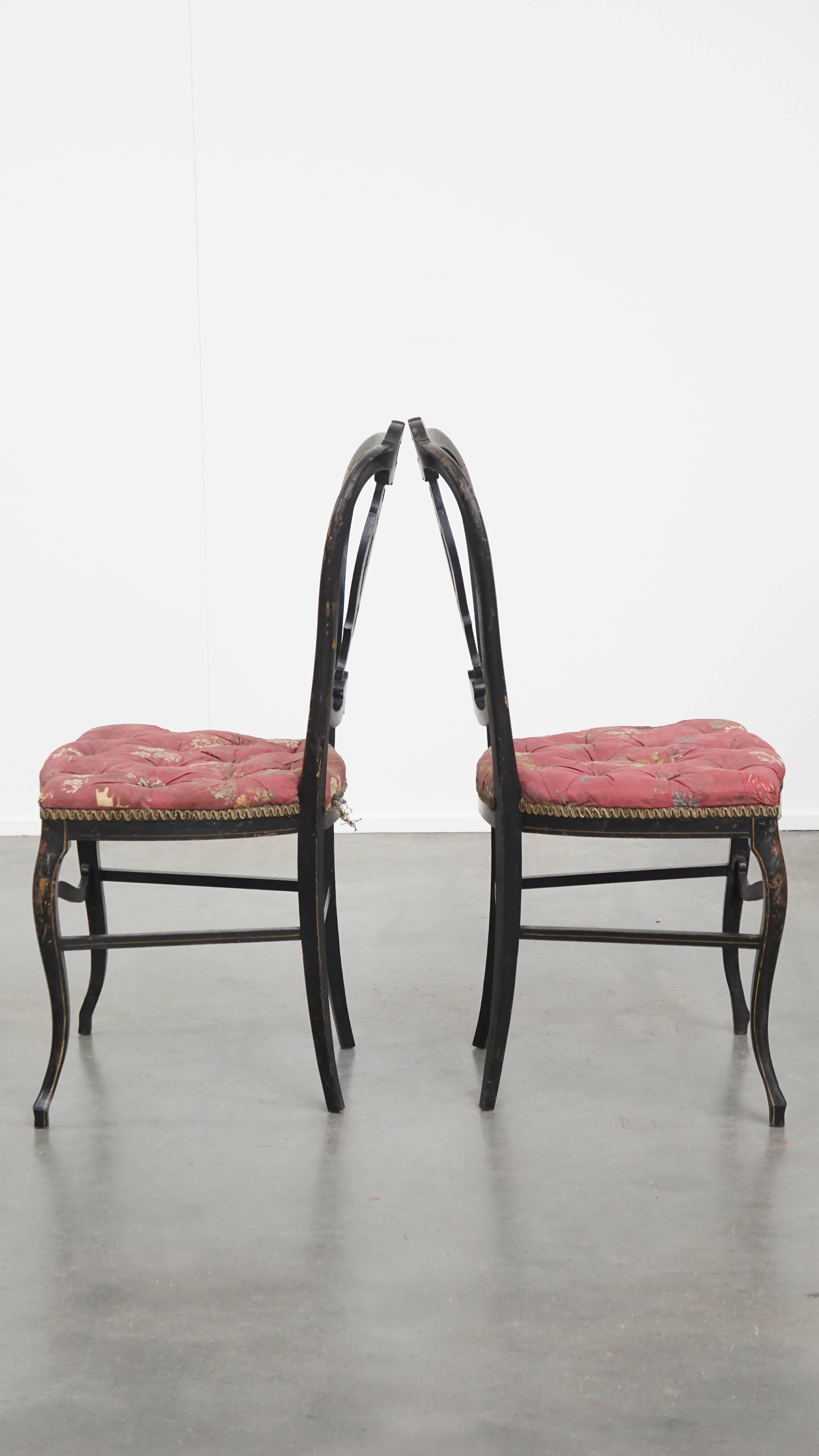 Hand-Crafted Set of 2 antique French Napoleon III chairs inlaid with mother-of-pearl For Sale