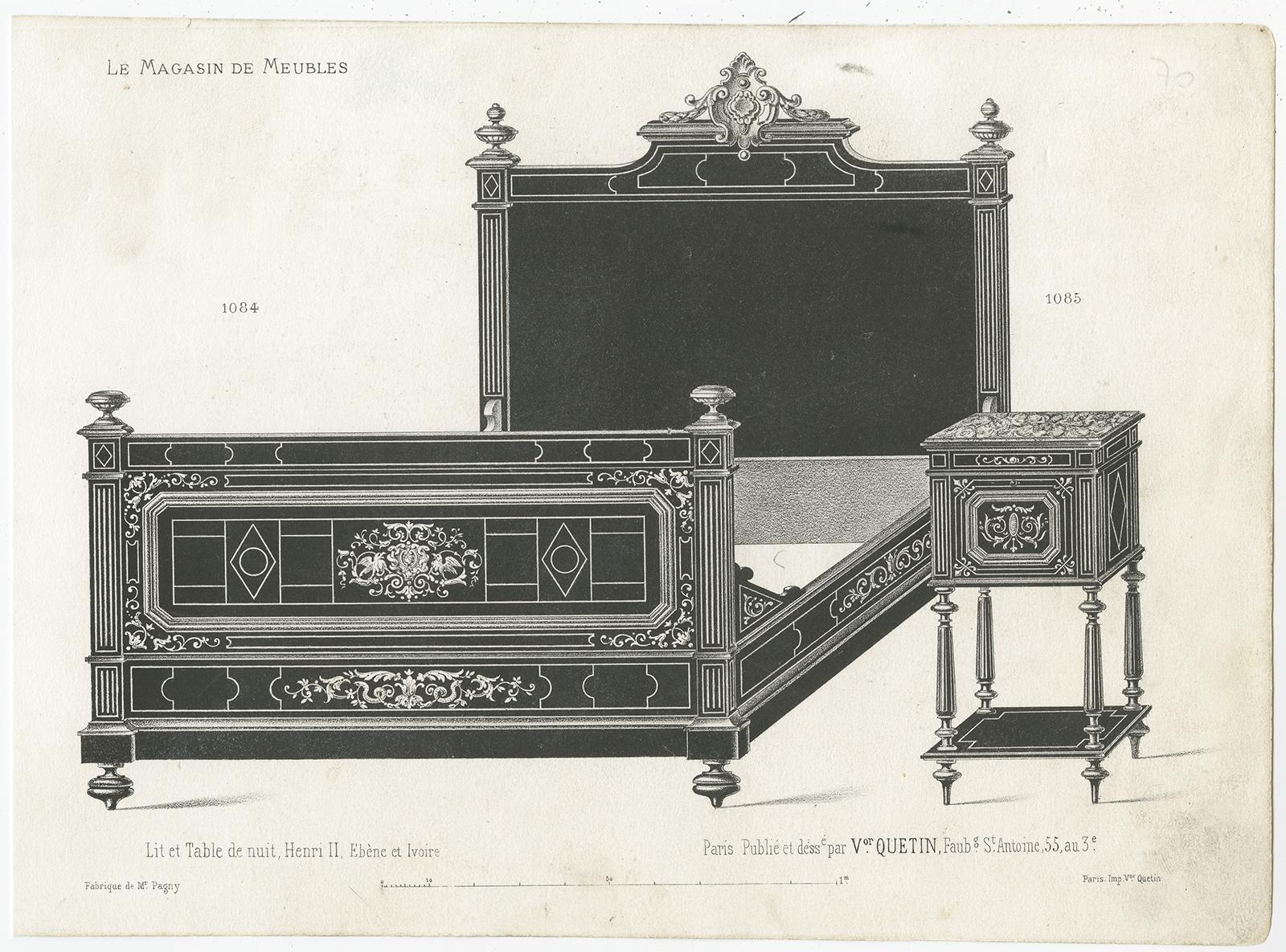 Set of two antique furniture prints depicting a bed and nightstand. These prints originate from 'Le Magasin de Meubles' by Victor Quetion. Published in Paris, circa 1860.