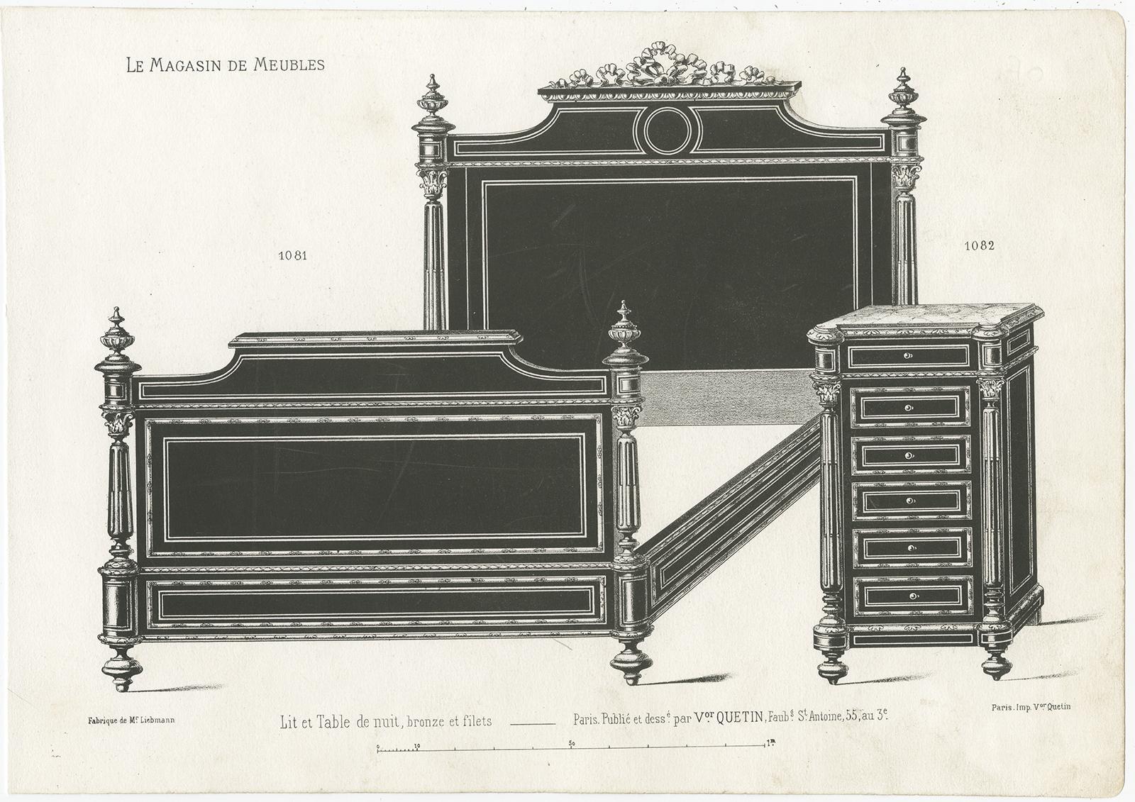 Set of 2 Antique Furniture Prints of a Bed and Nightstand by Quetin, circa 1860 In Good Condition For Sale In Langweer, NL