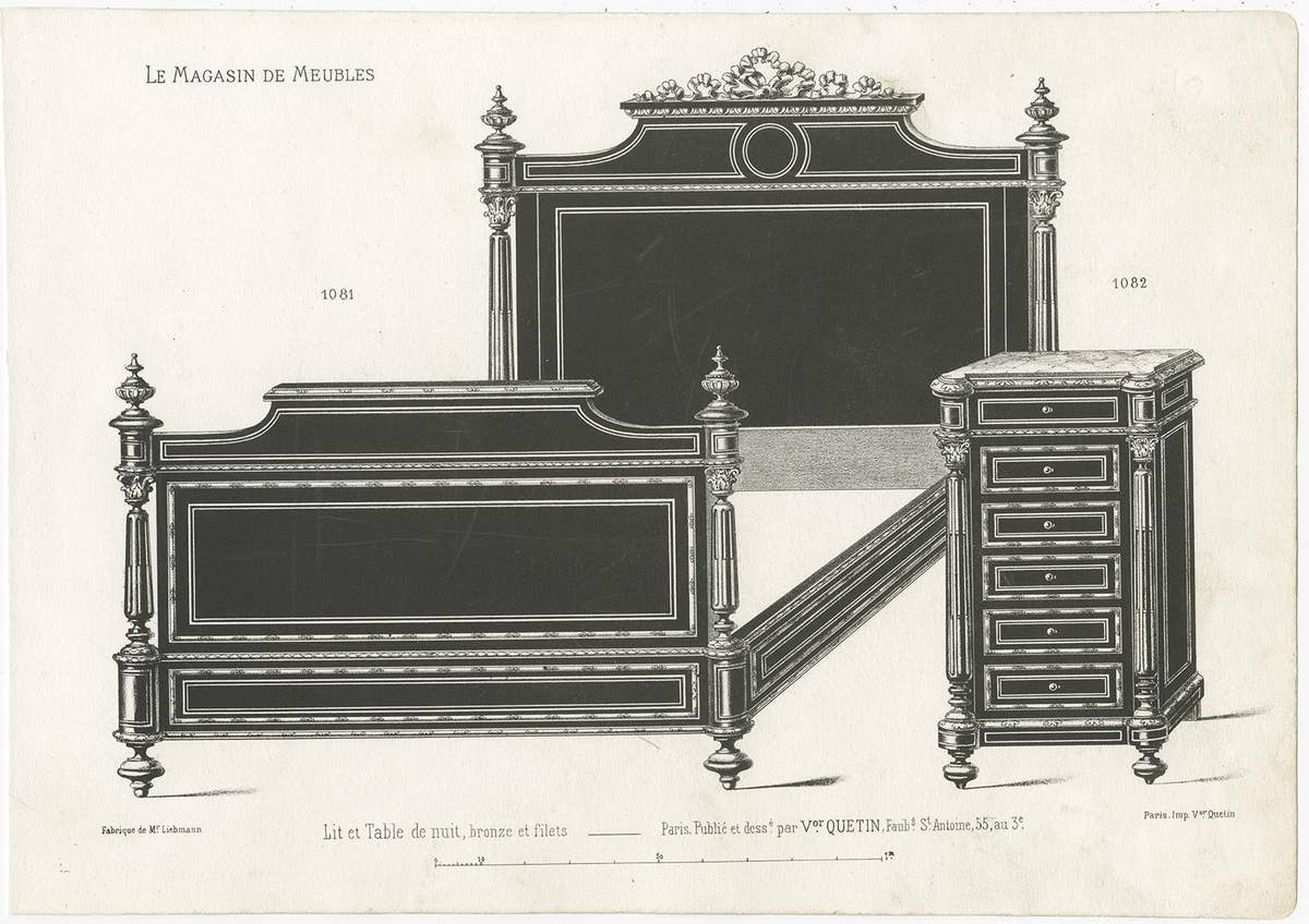 Set of 2 Antique Furniture Prints of a Bed and Nightstand by Quetin, circa 1860