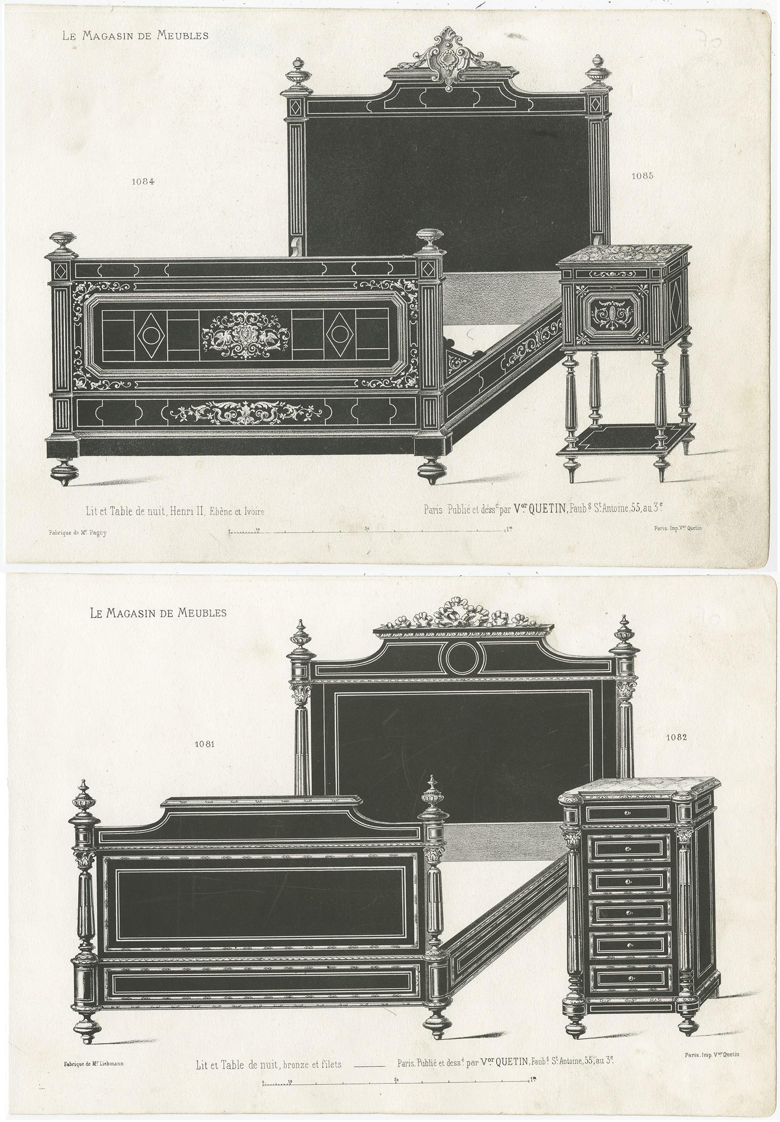 19th Century Set of 2 Antique Furniture Prints of a Bed and Nightstand by Quetin, circa 1860 For Sale