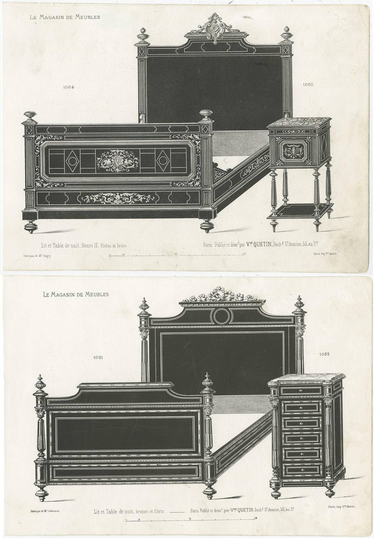 Set of 2 Antique Furniture Prints of a Bed and Nightstand by Quetin, circa 1860