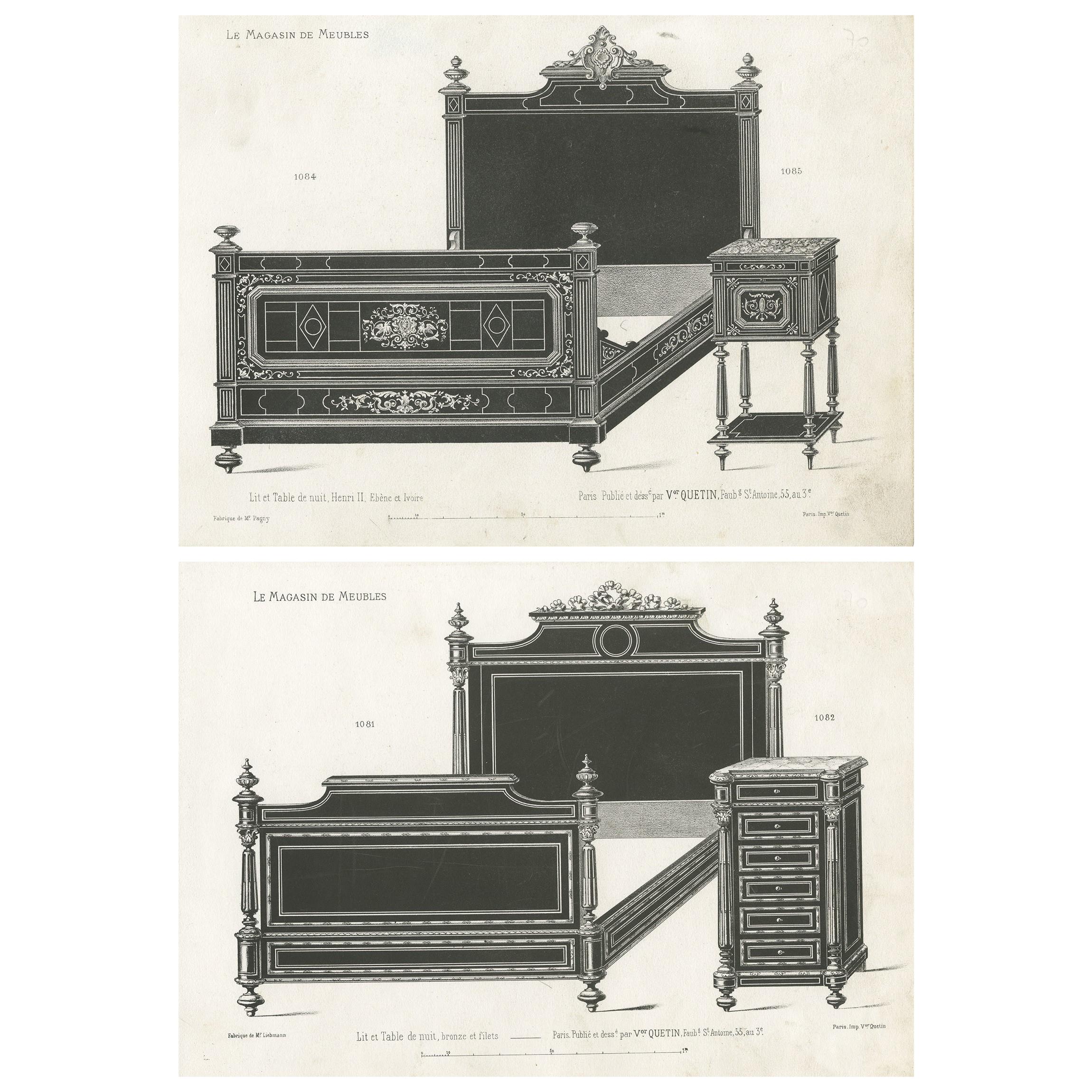 Conjunto de 2 grabados de muebles antiguos de una cama y una mesilla de noche de Quetin, circa 1860