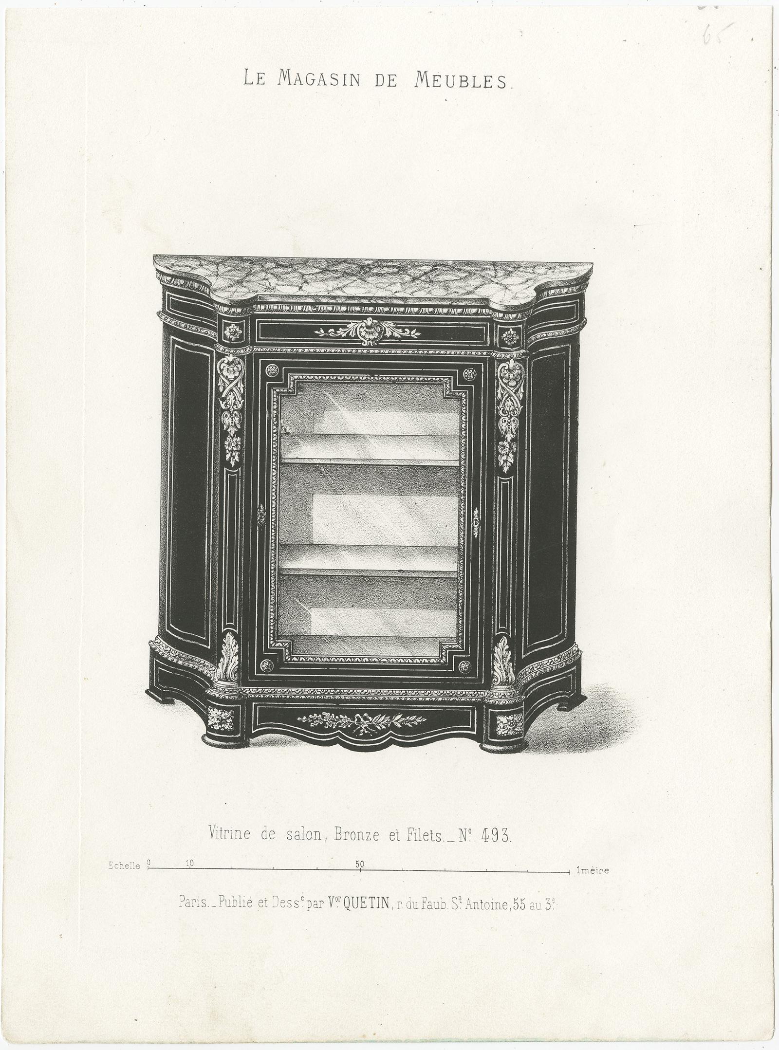 Set of 2 Antique Furniture Prints of a Vitrine and Bahut by Quetin, 'circa 1860' In Good Condition For Sale In Langweer, NL