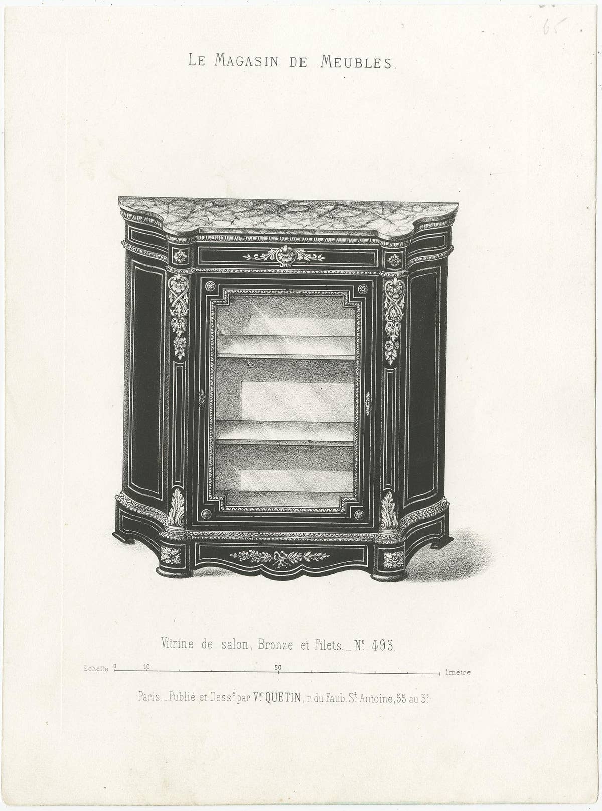 Set of 2 Antique Furniture Prints of a Vitrine and Bahut by Quetin, 'circa 1860'