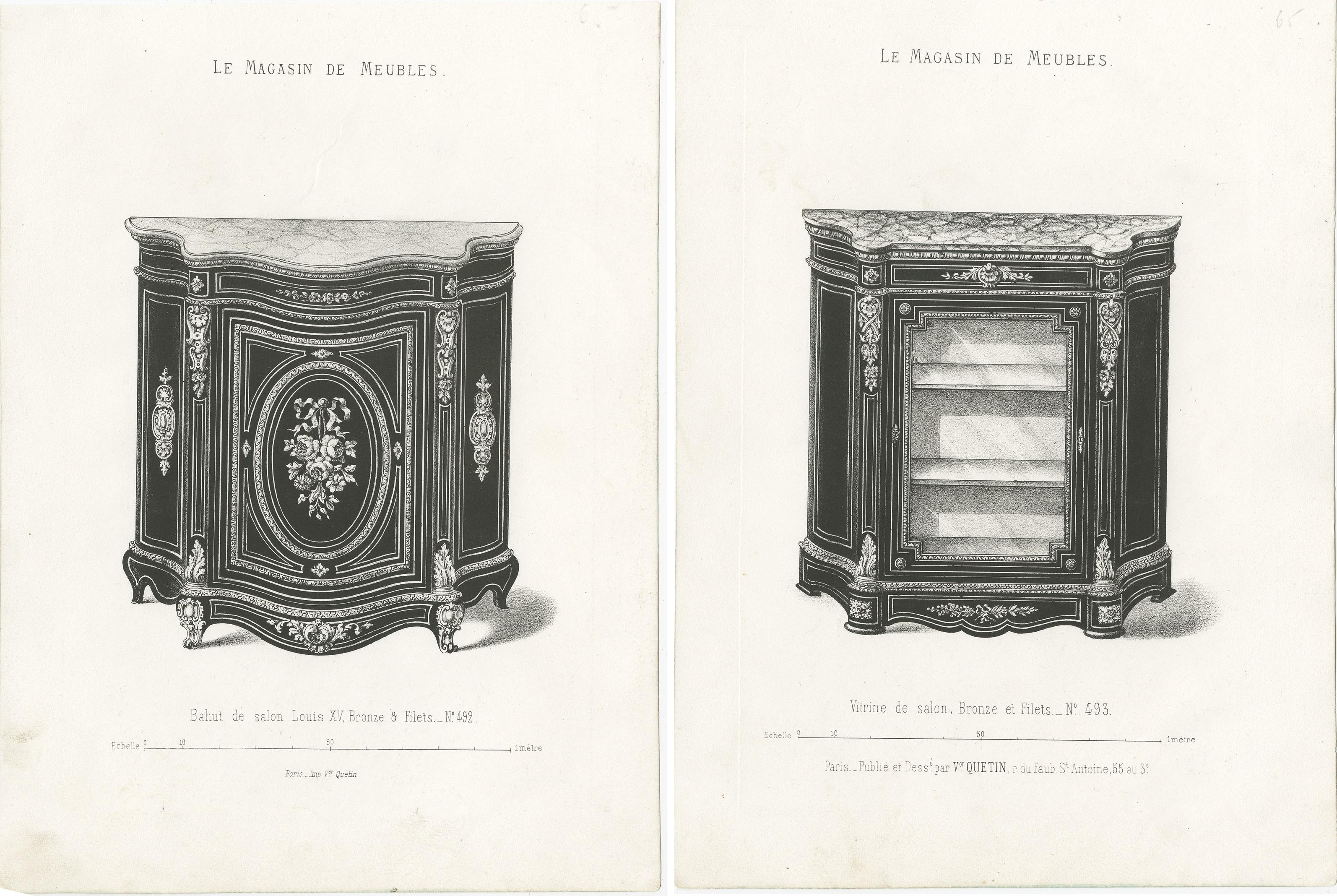 19th Century Set of 2 Antique Furniture Prints of a Vitrine and Bahut by Quetin, 'circa 1860' For Sale