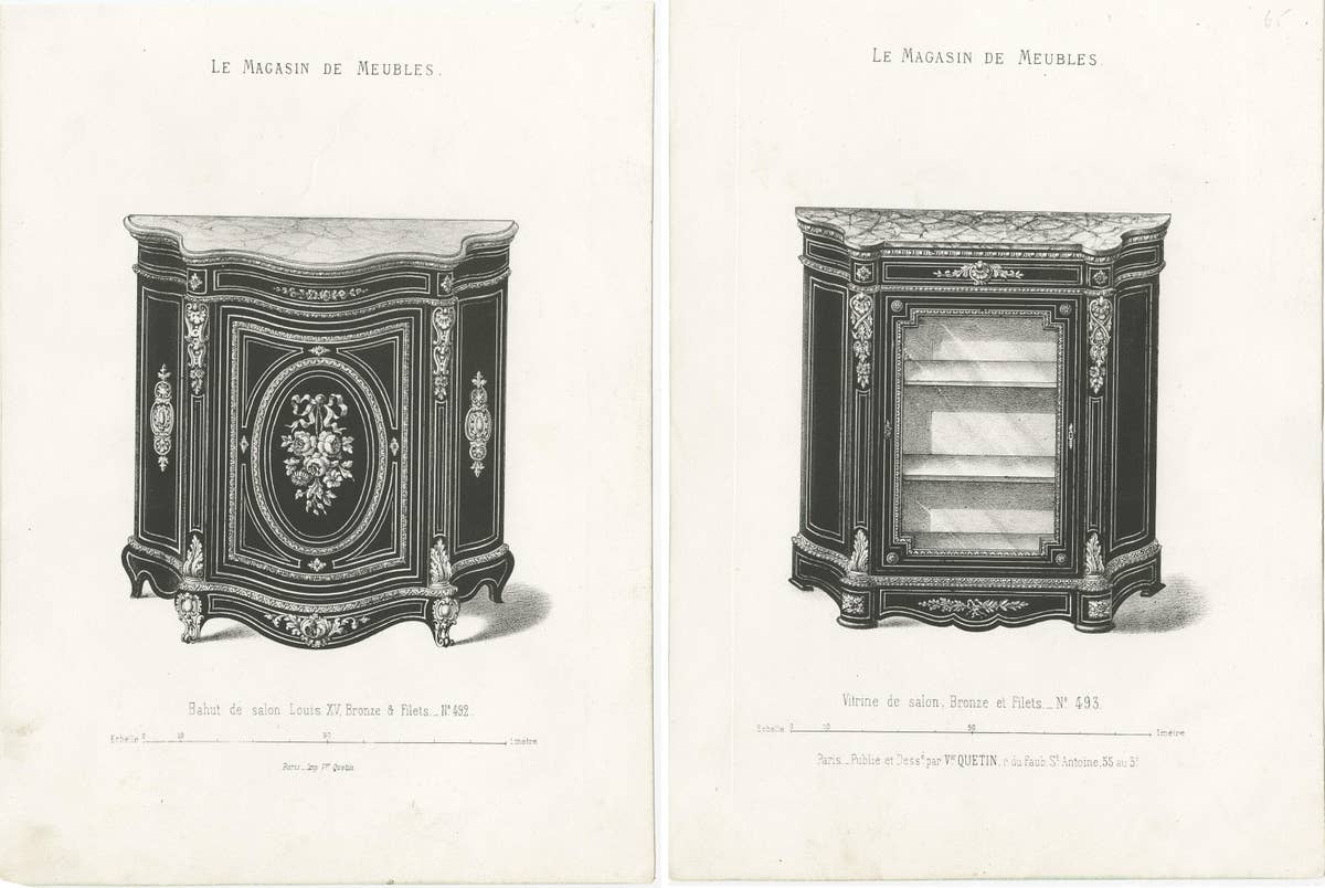 Set of 2 Antique Furniture Prints of a Vitrine and Bahut by Quetin, 'circa 1860'