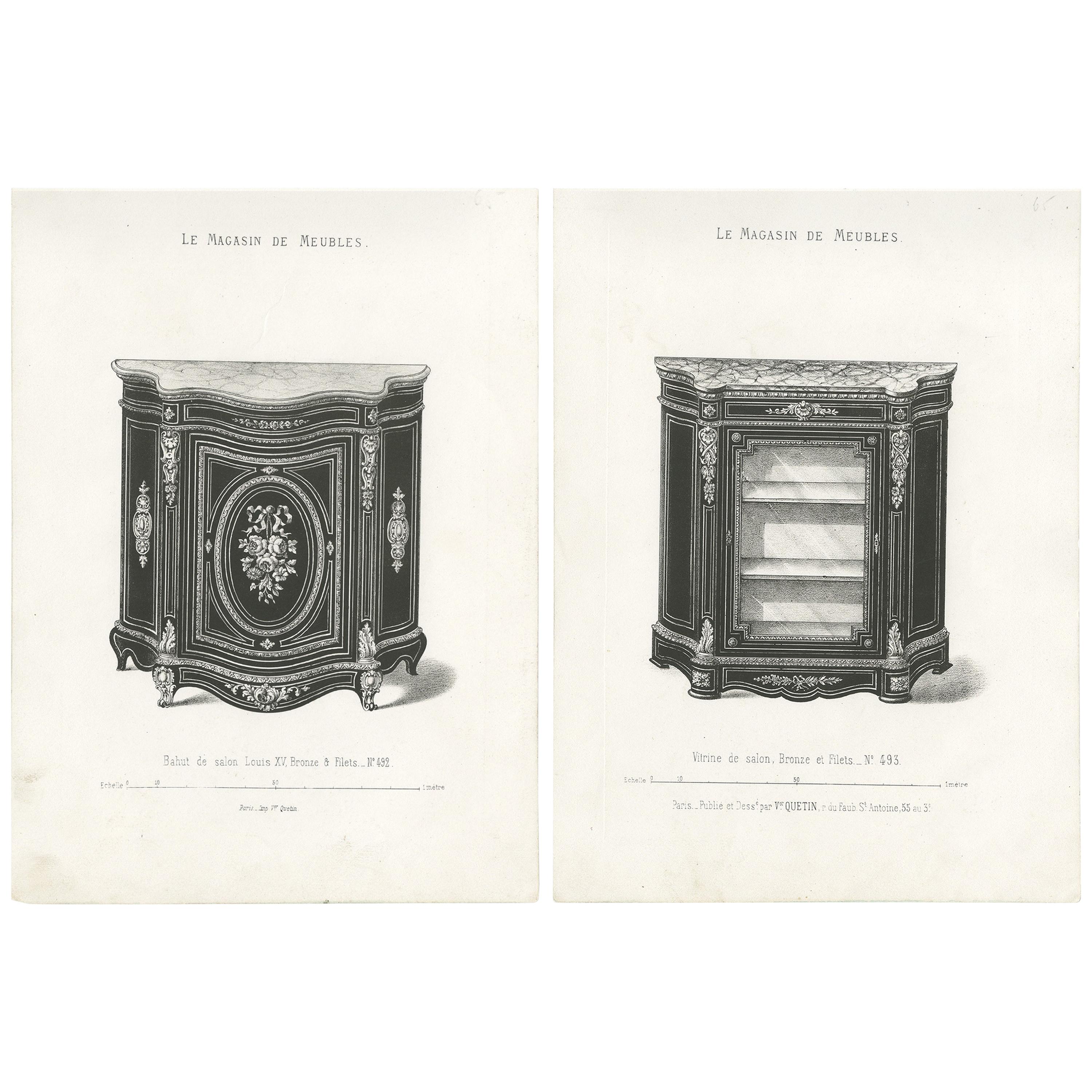 Ensemble de 2 estampes de meubles anciens d'une vitrine et d'un Bahut par Quetin, vers 1860